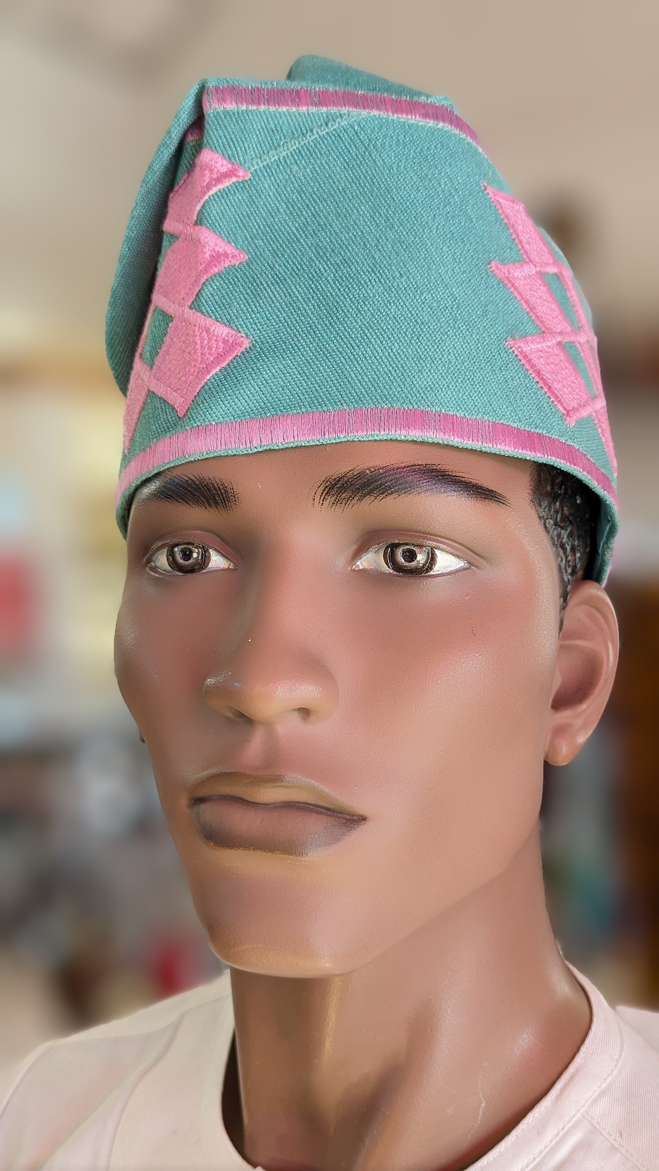 Dupsie's Zephyr Light Green and Pink embroidered Fila Handwoven Kufi Hat DPHLGP11、mySite、solidvoid