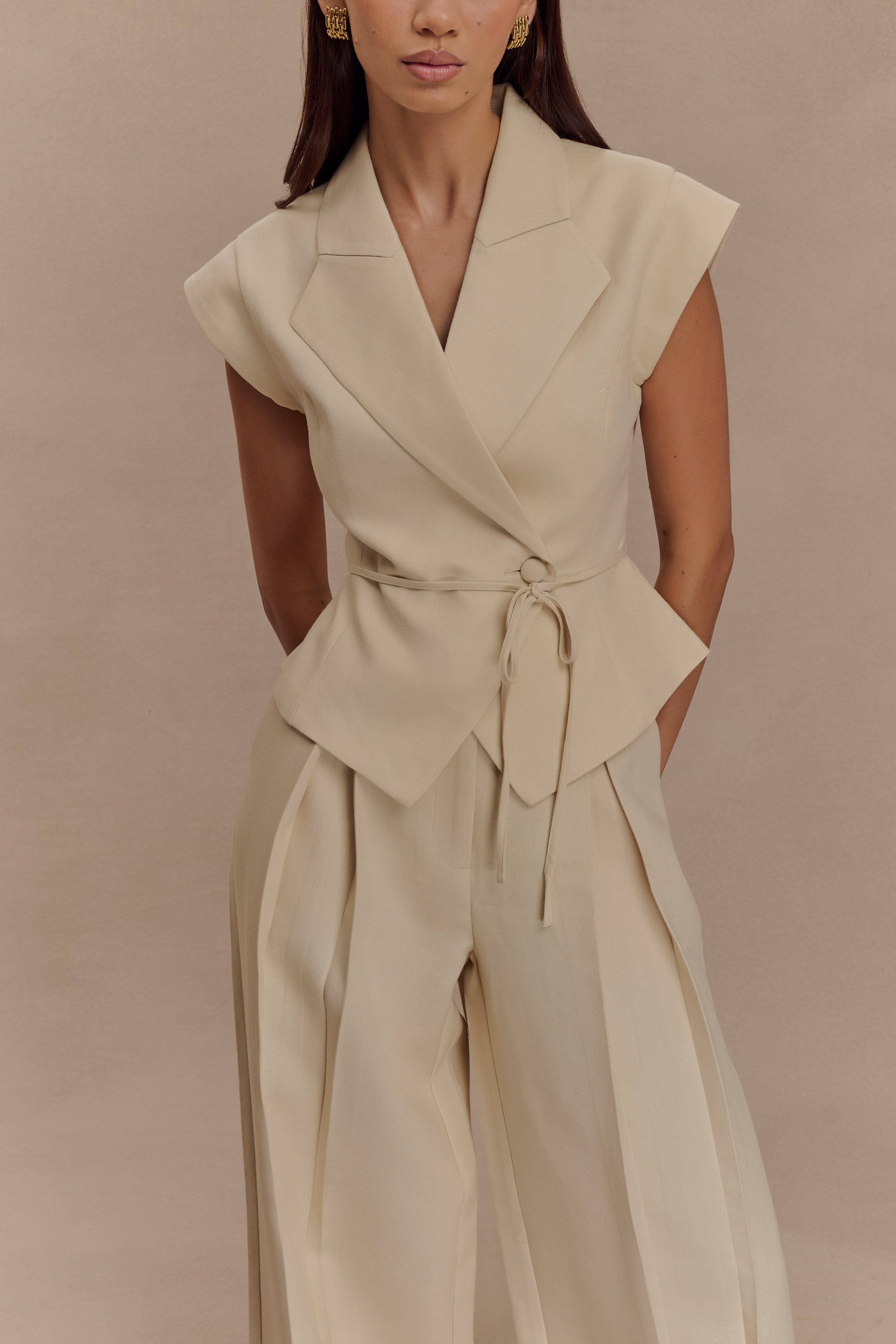 Raya Mid Rise Wide Leg Linen Pant - Natural Beige、mySite、solidvoid