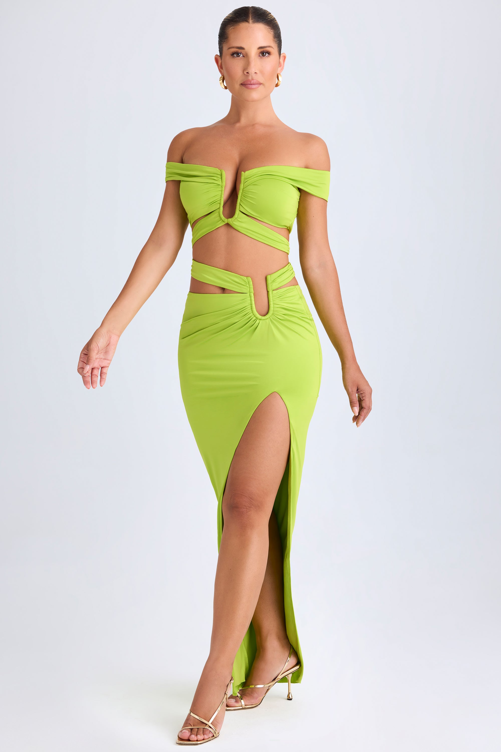 Asymmetric Cut-Out Maxi Skirt in Lime Green、mySite、solidvoid