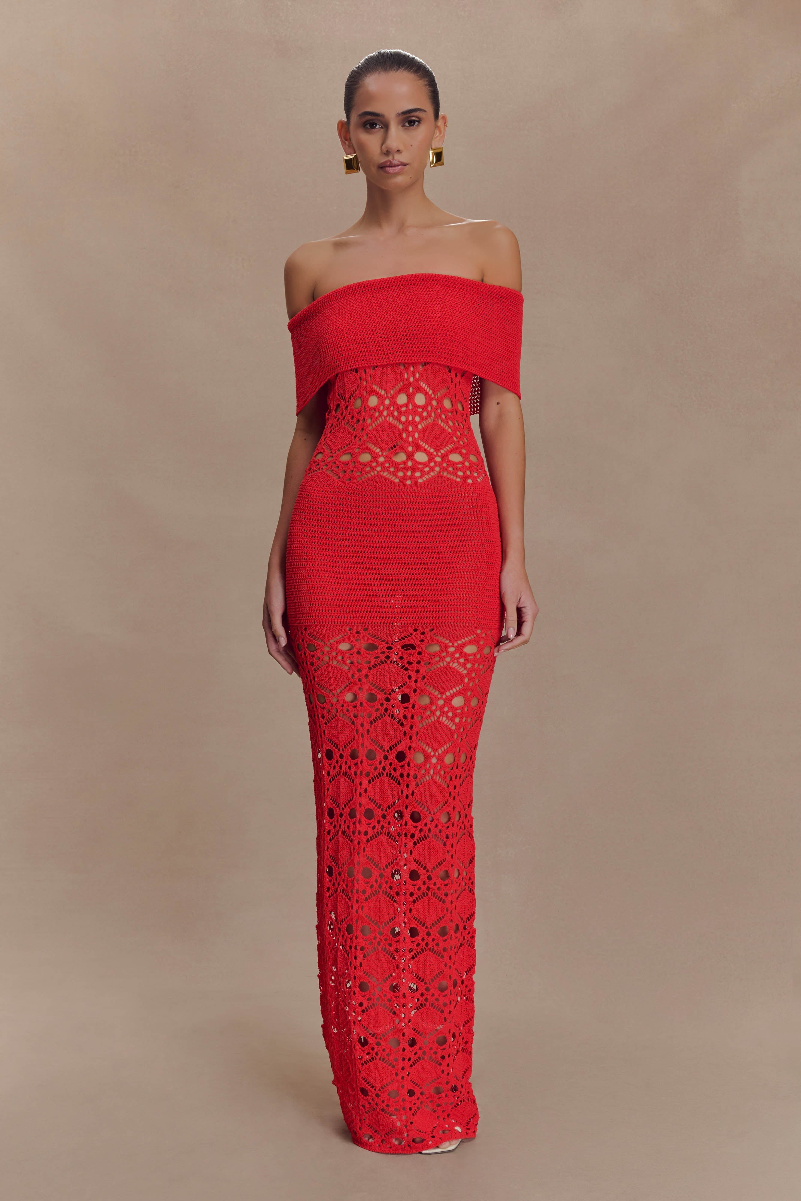 Solstice Off Shoulder Crochet Knit Maxi Dress - Blood Orange、mySite、solidvoid