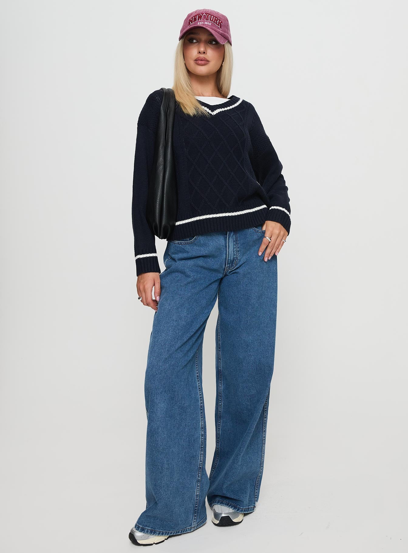 Covina V Neck Knit Sweater Navy、mySite、solidvoid