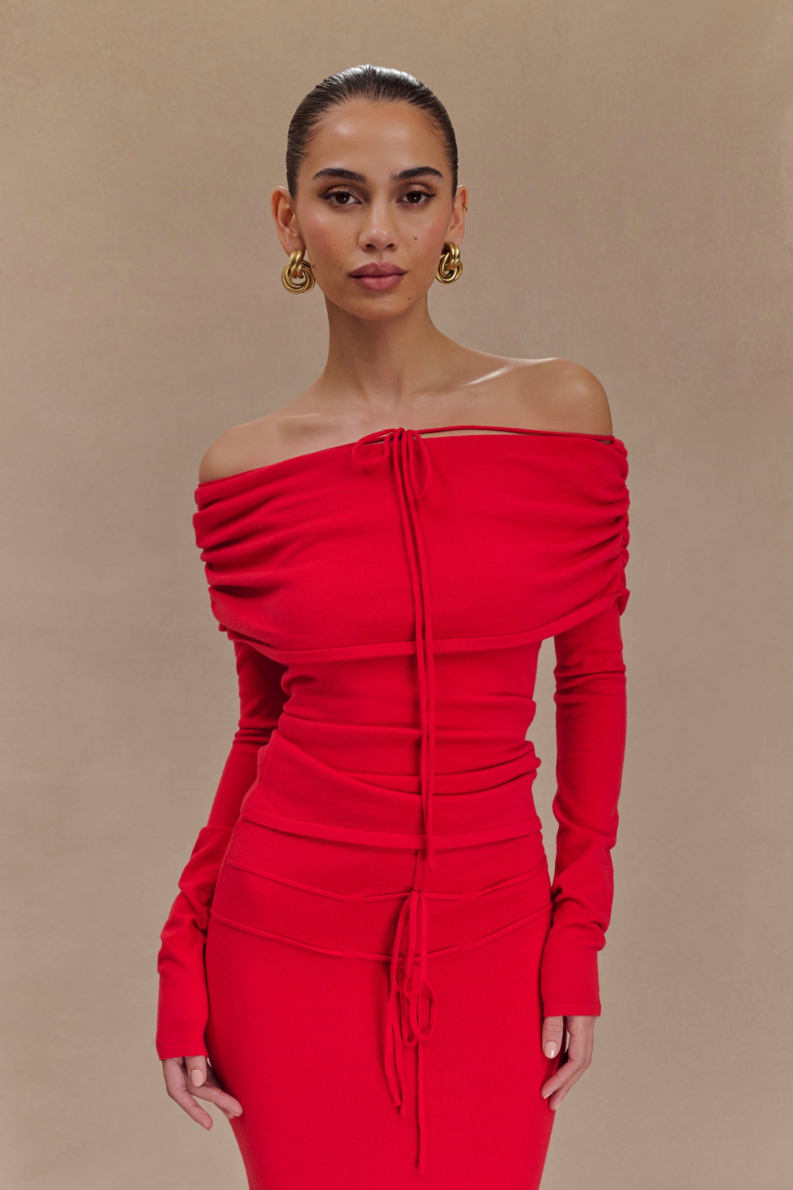 Polly Off Shoulder Long Sleeve Knit Top - Red、mySite、solidvoid