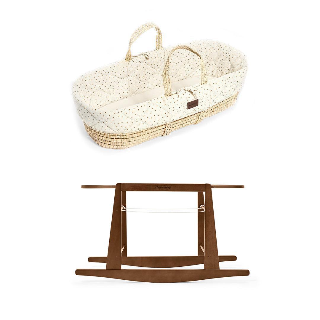  The Little Green Sheep Quilted Moses Basket and Rocking Stand Bundle - Linen Rice / Walnut、mySite、merchandisen