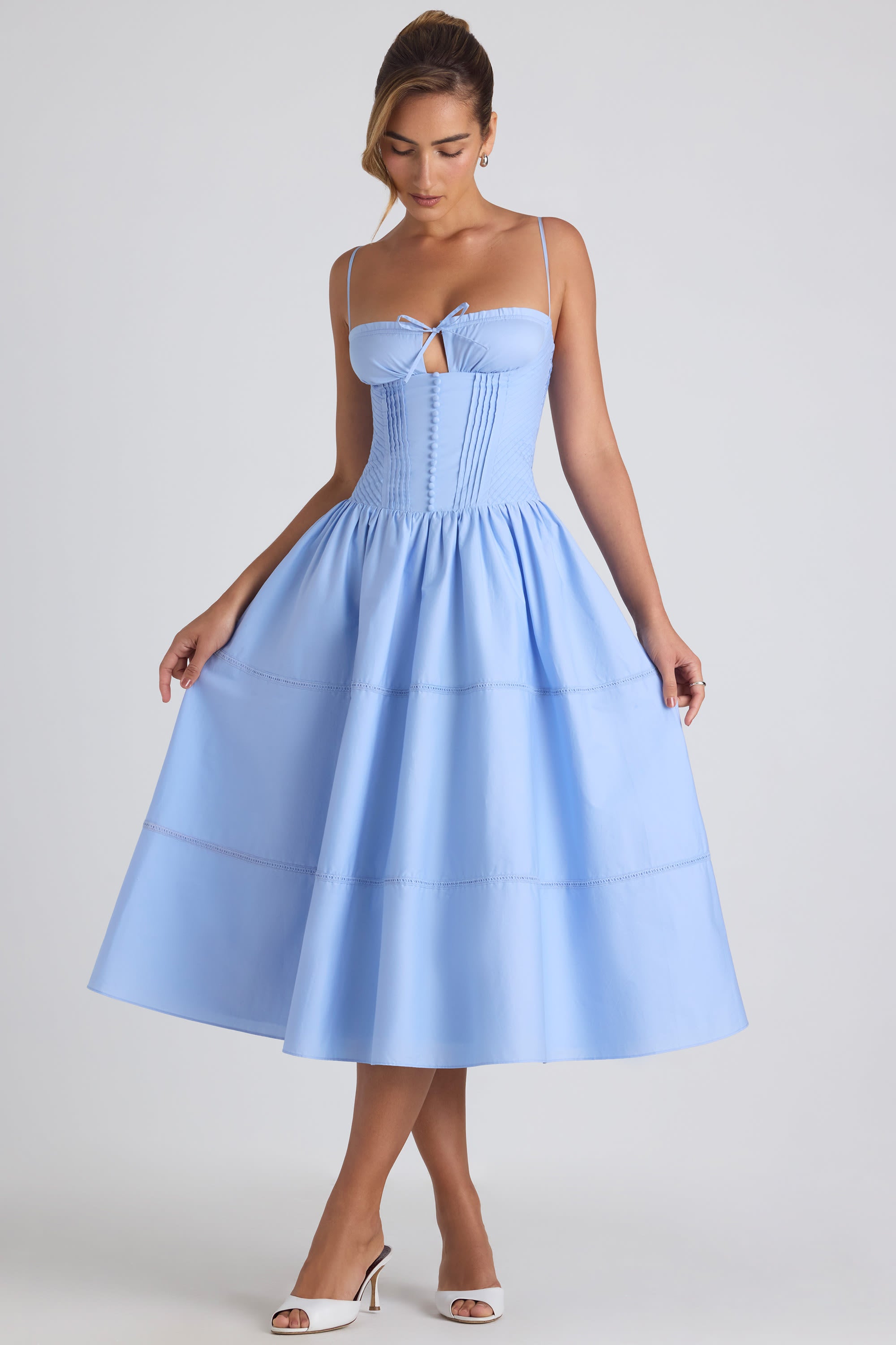 Lace-Trim Pintucked Poplin Midaxi Dress in Sky Blue、mySite、solidvoid