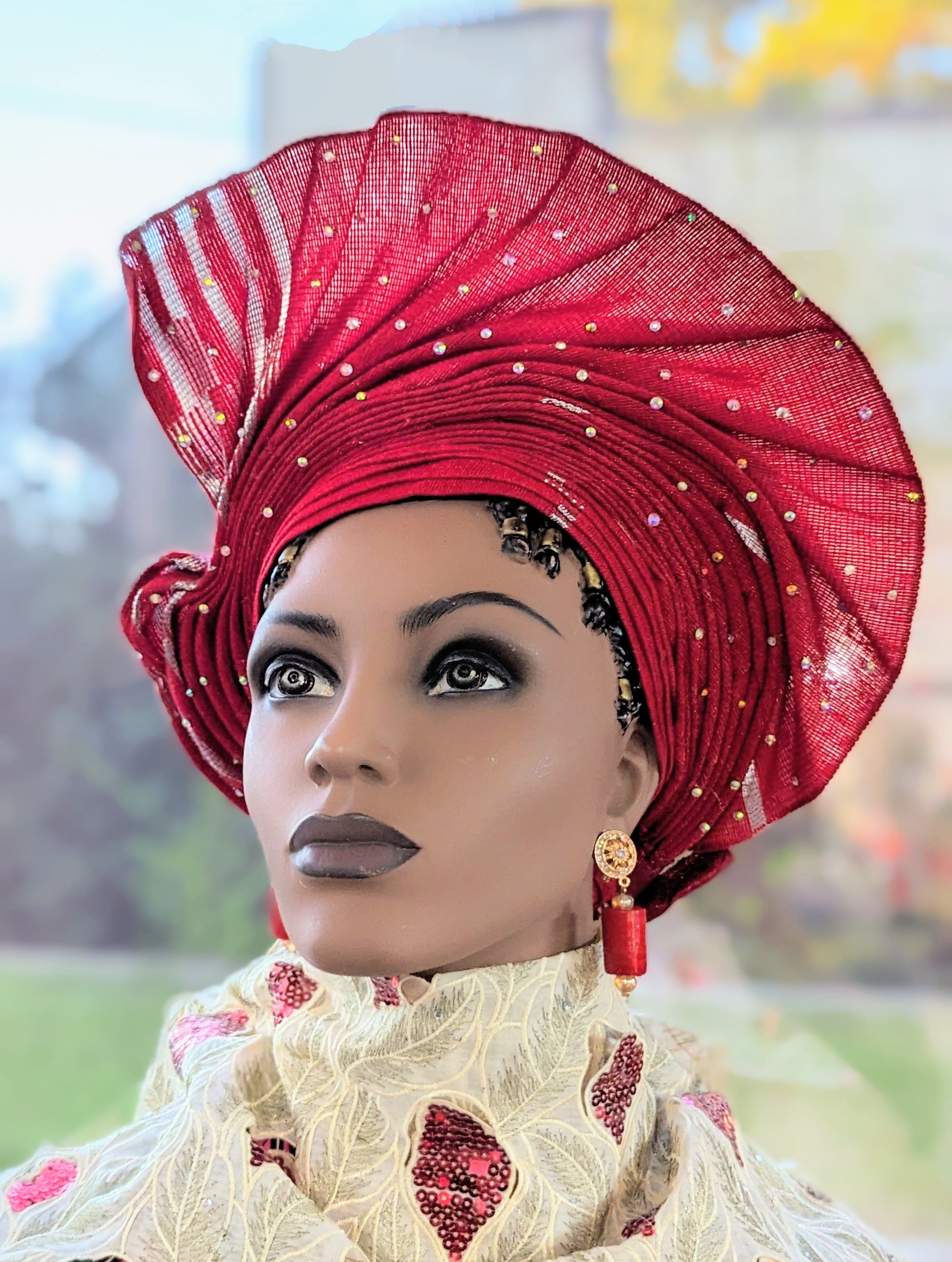 Badesimi Red African Aso Oke head tie Autogele head tie ready Gele head wrap-DPARSS10、mySite、solidvoid