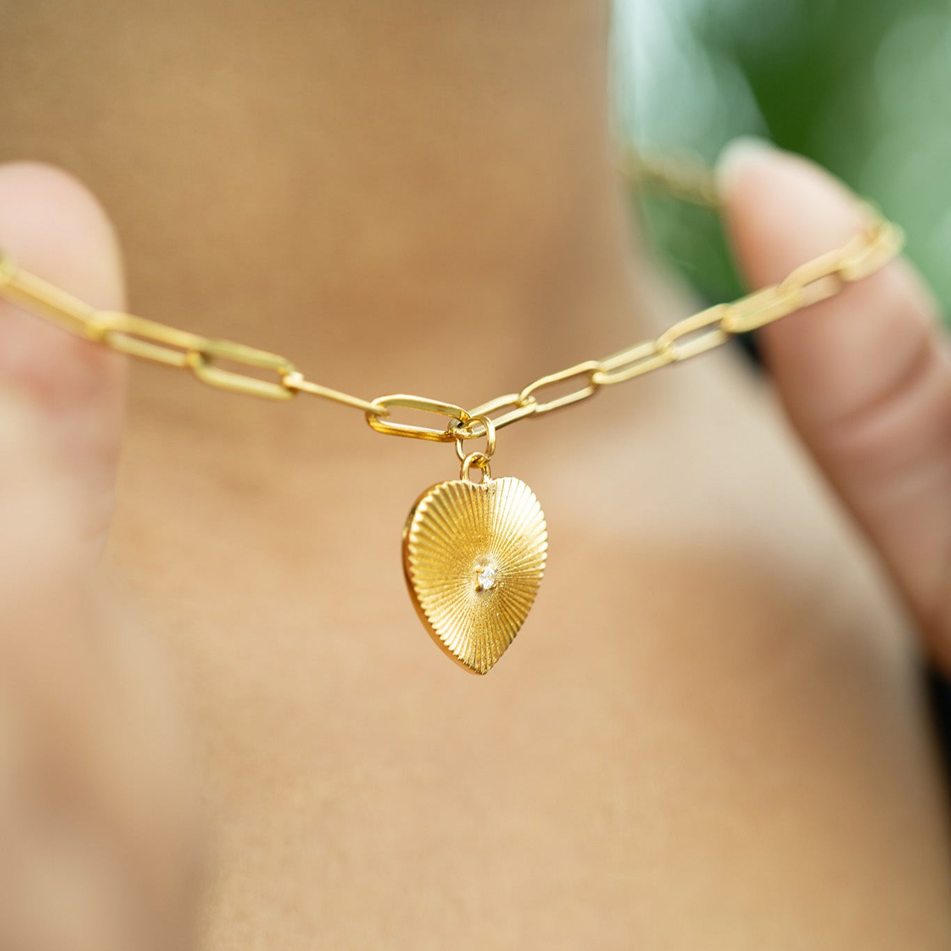 18K Gold PVD Stainless Steel Sunburst CZ Heart Paperclip Pendant Necklace / CHN9966、mySite、dreamappss