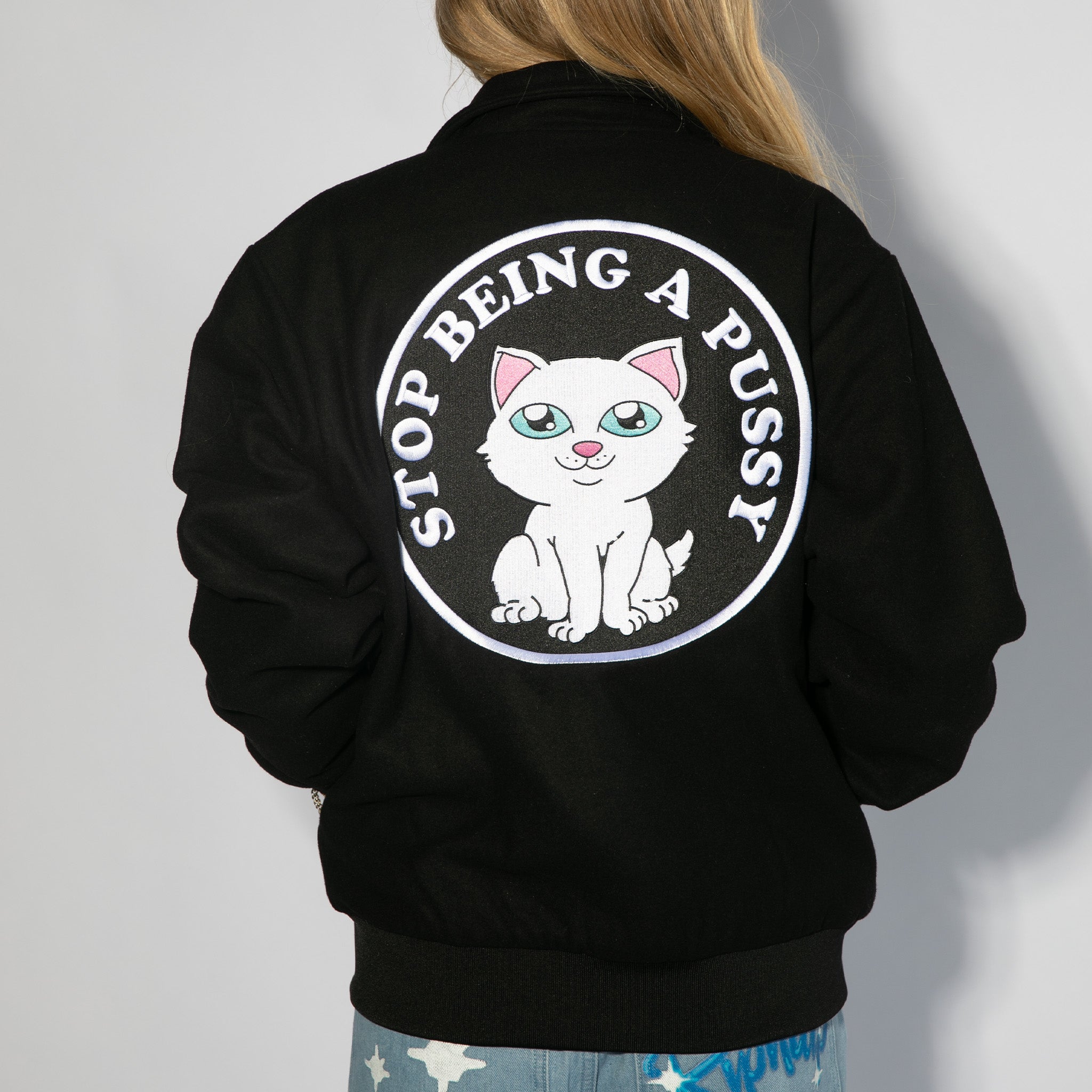  Stop Being A Pussy Varsity Jacket (Black)、mySite、merchandisen