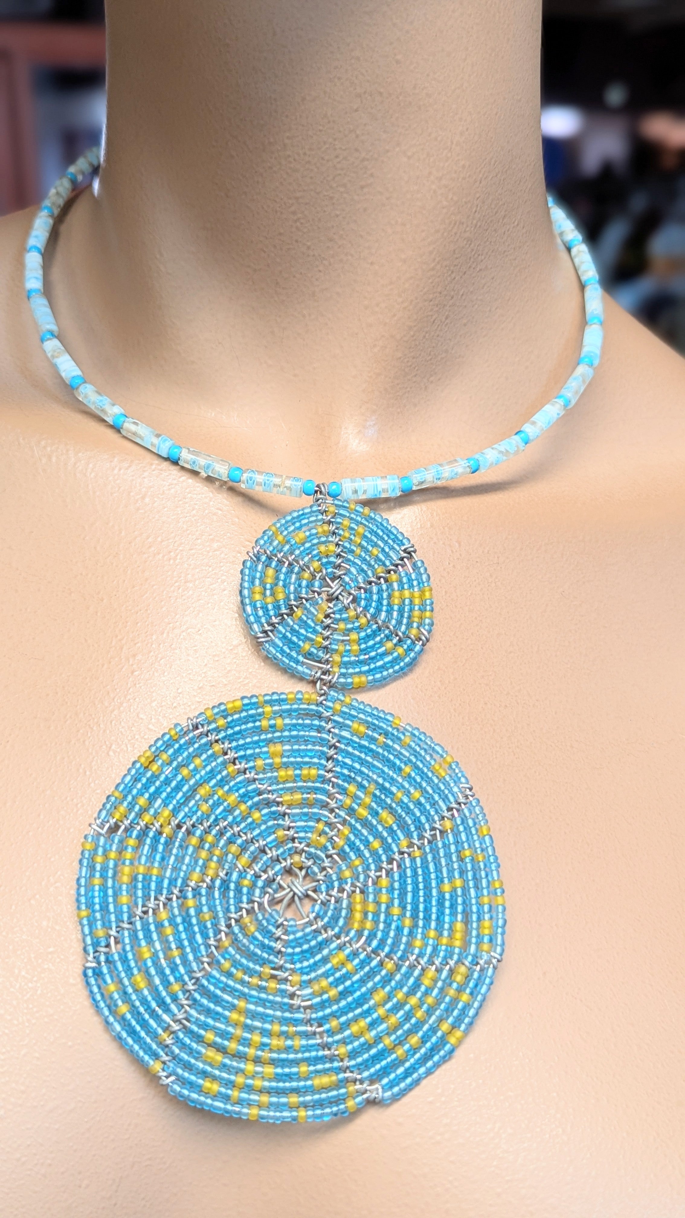 Dupsie's Handmade Turquoise-Blue Nyota Mng'aru African Beaded Necklace for Women DPJABNTB5、mySite、solidvoid