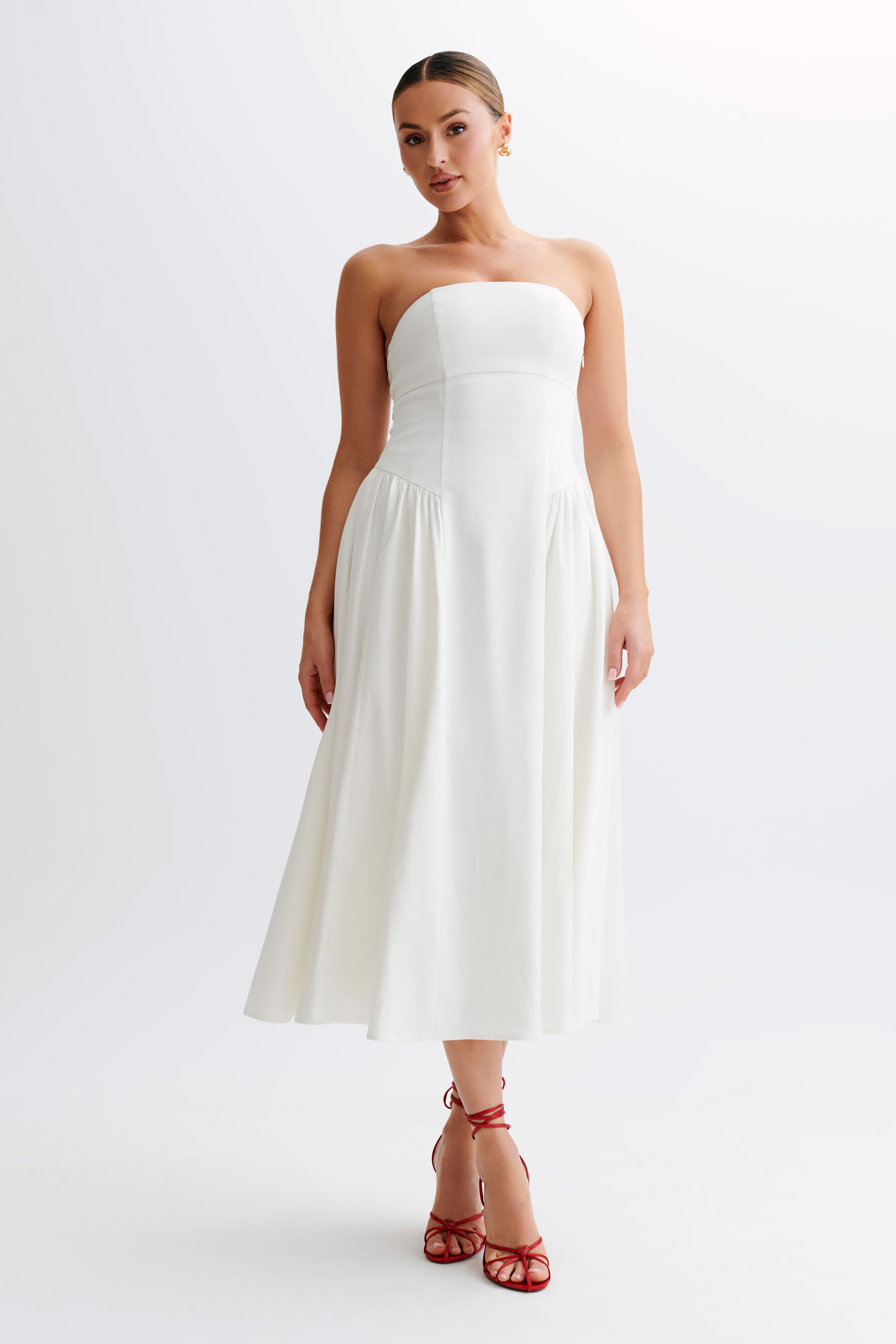 Carmele Cotton Gathered Midi Dress - White、mySite、solidvoid