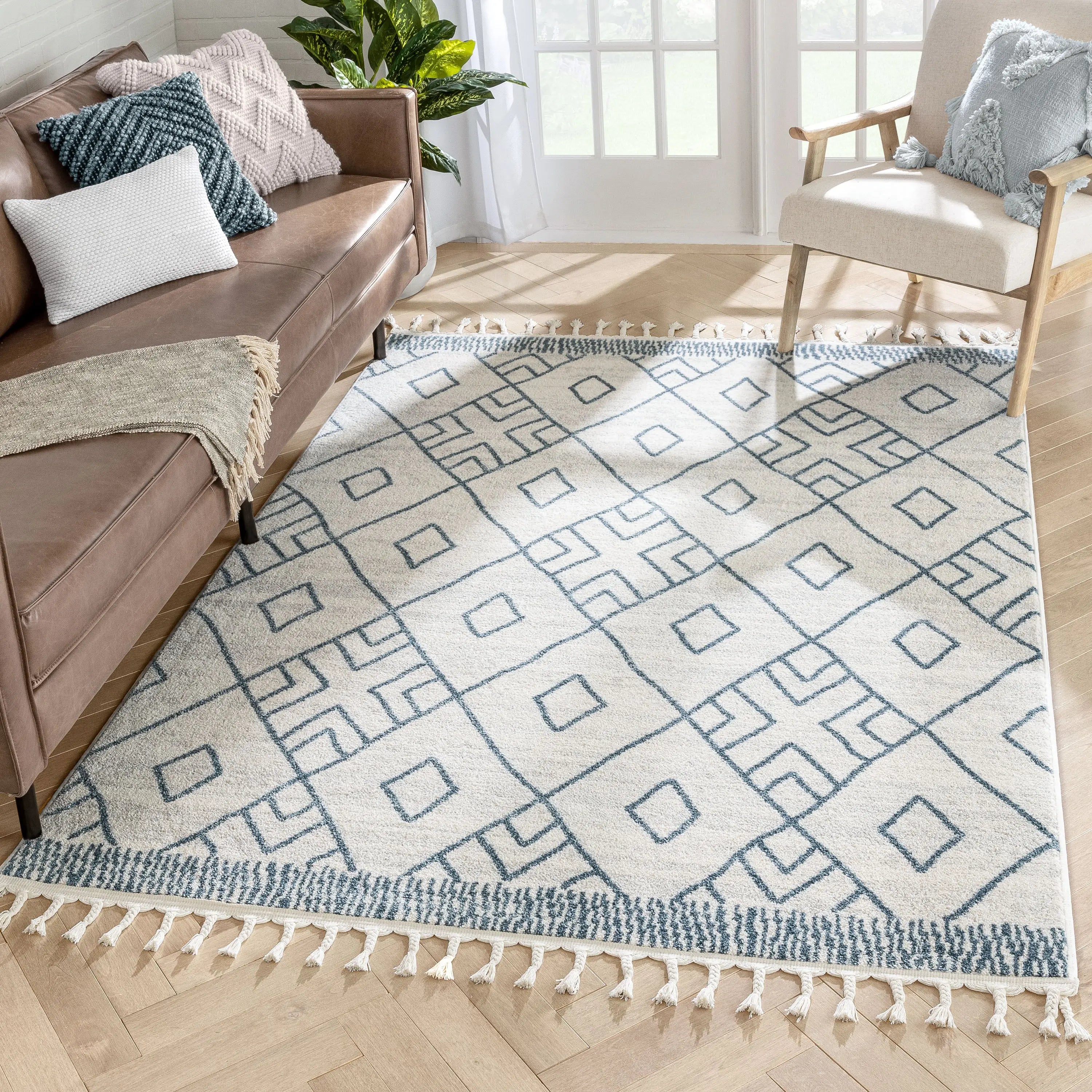 Diodelly Moroccan Lattice Trellis Blue Ivory Rug、mySite、gigharbornorthrealestate
