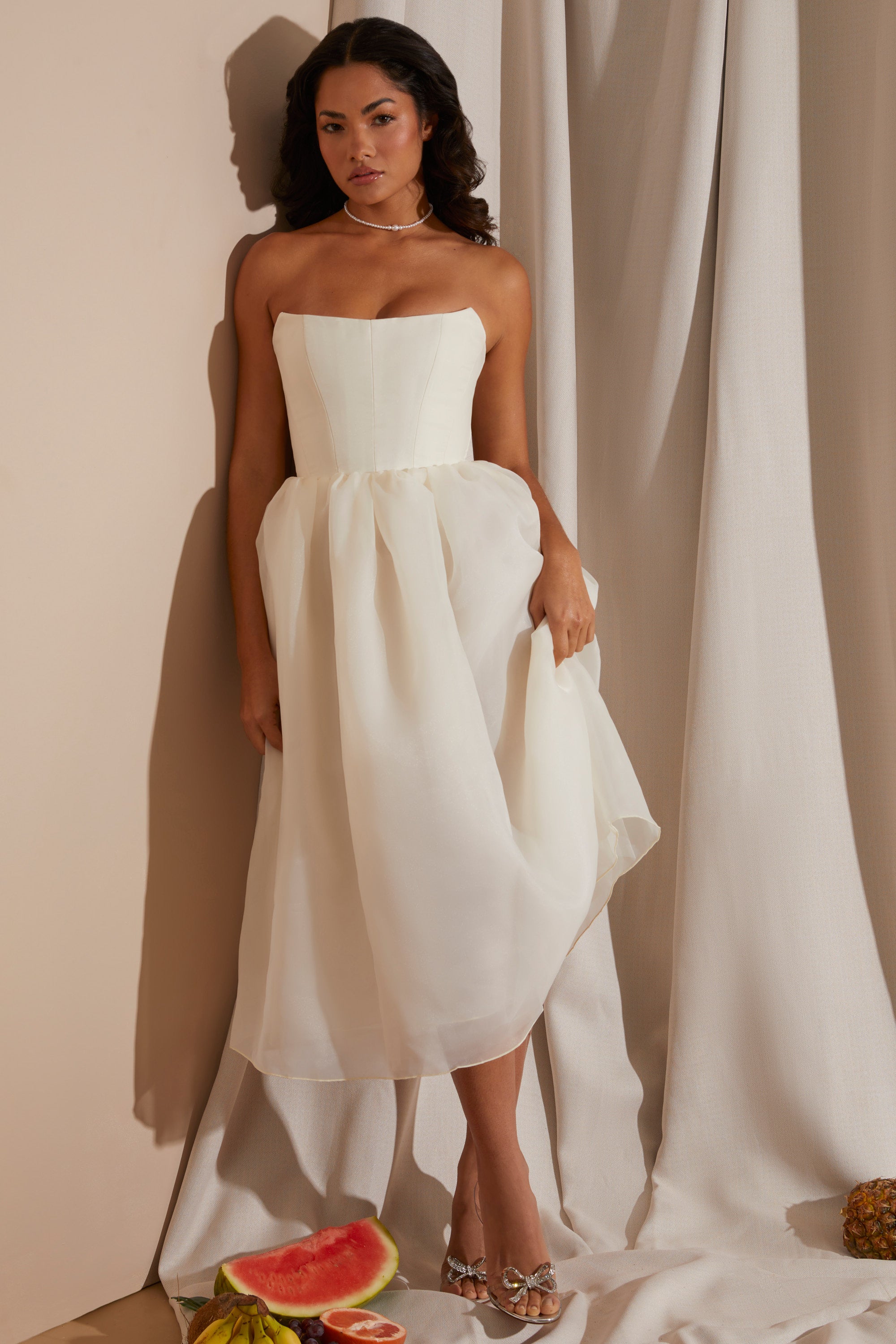  Strapless Corset Tulle Midi Dress in White、mySite、sugarbowlscore