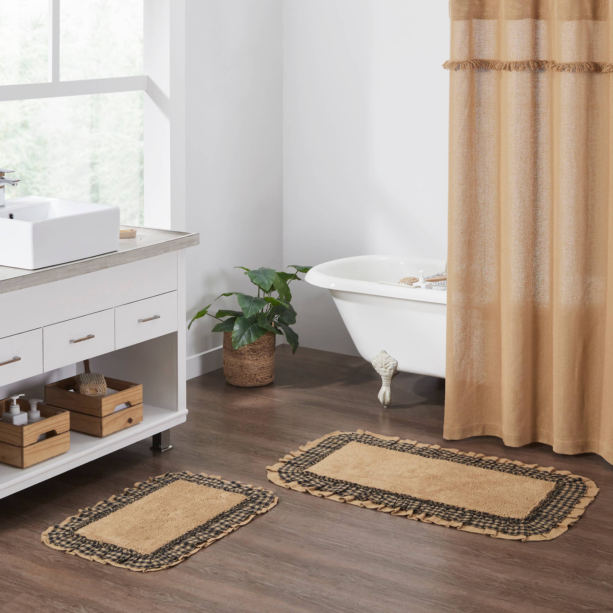 Burlap Natural w/ Black Check Bathmats Farmhouse Favorite!、mySite、g9winljtr