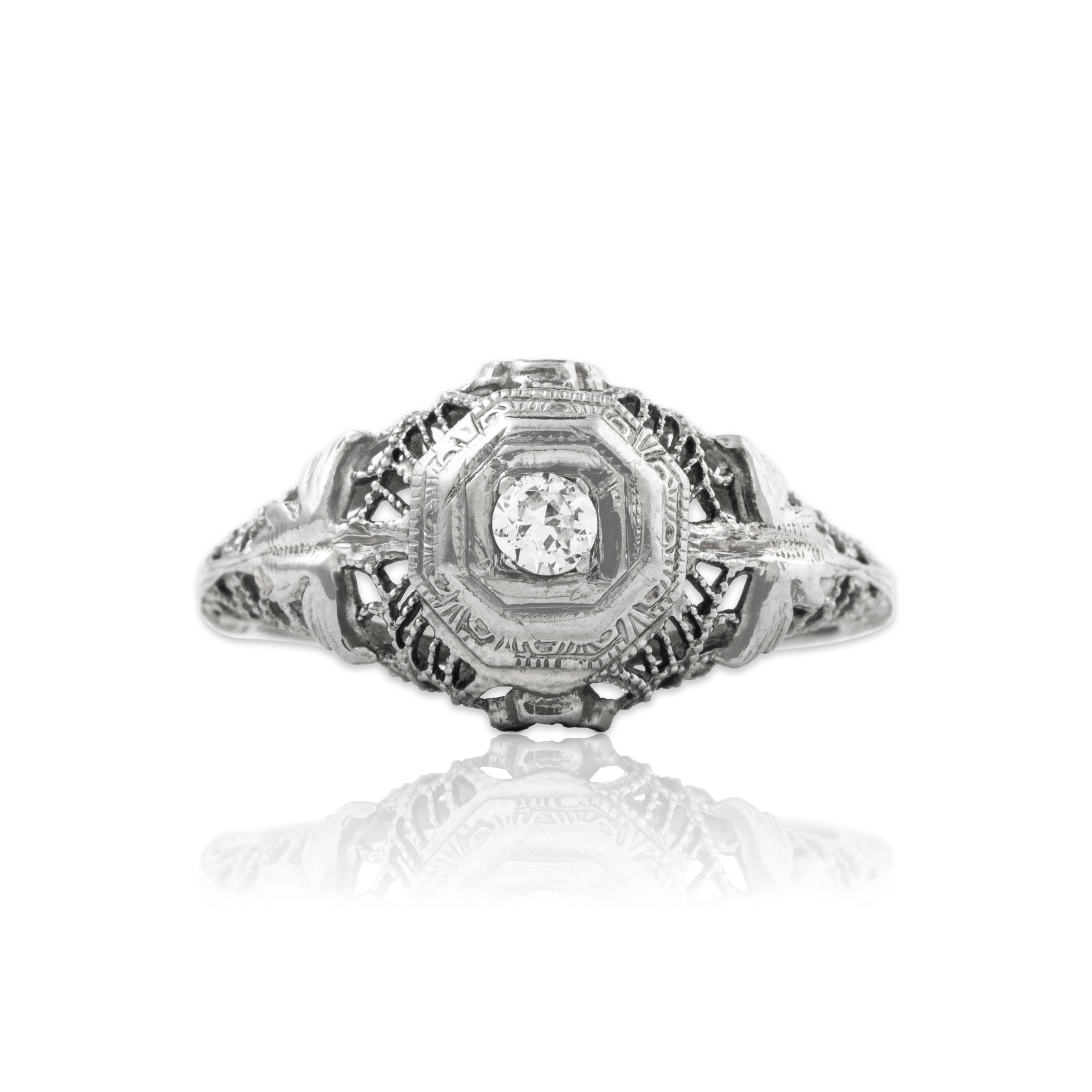 Antique Art Deco 18k White Gold Diamond Openwork Filigree Solitaire Ring 5.00、mySite、hinf8tx79