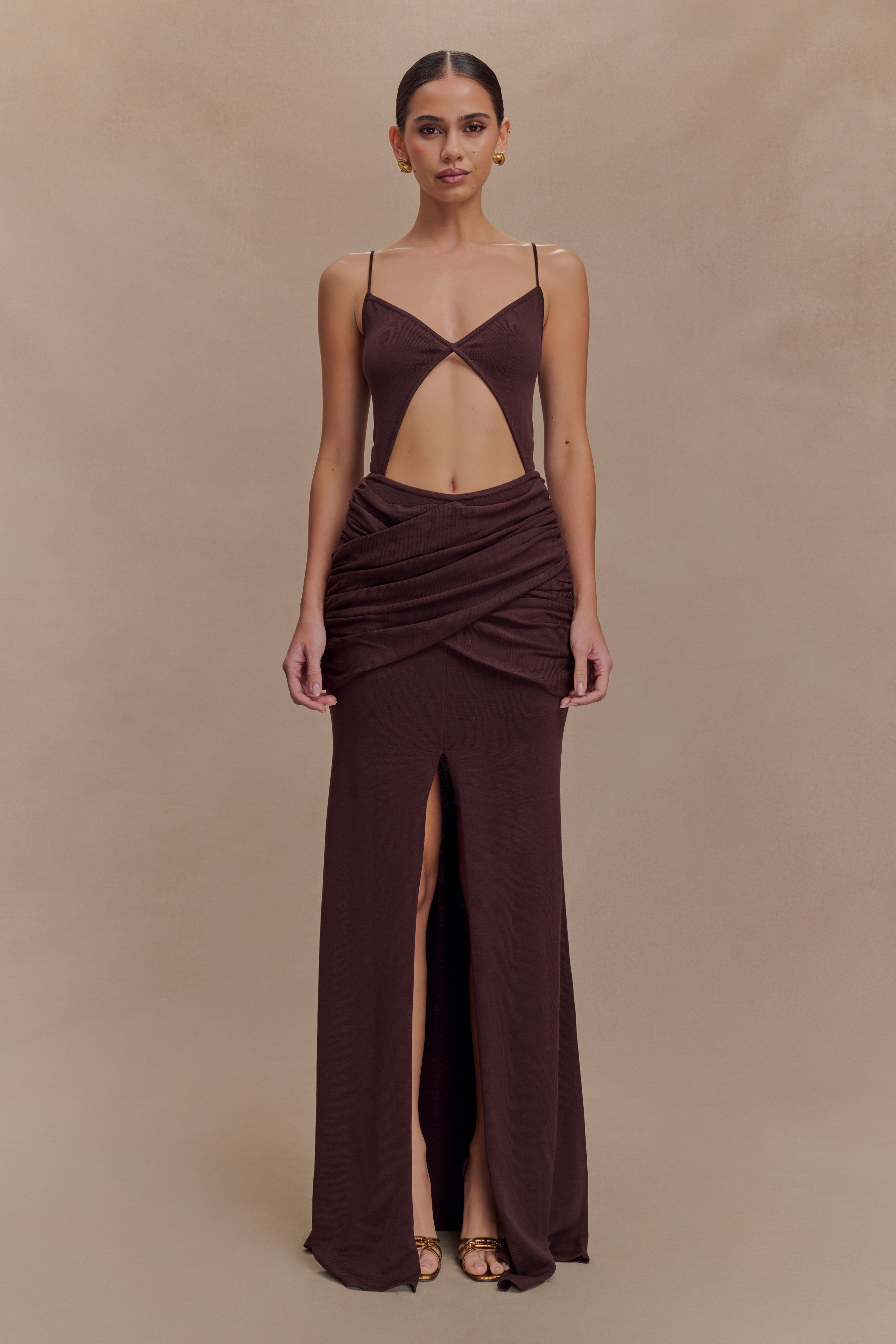 Reama Wrap Over Knit Maxi Dress - Chocolate、mySite、solidvoid