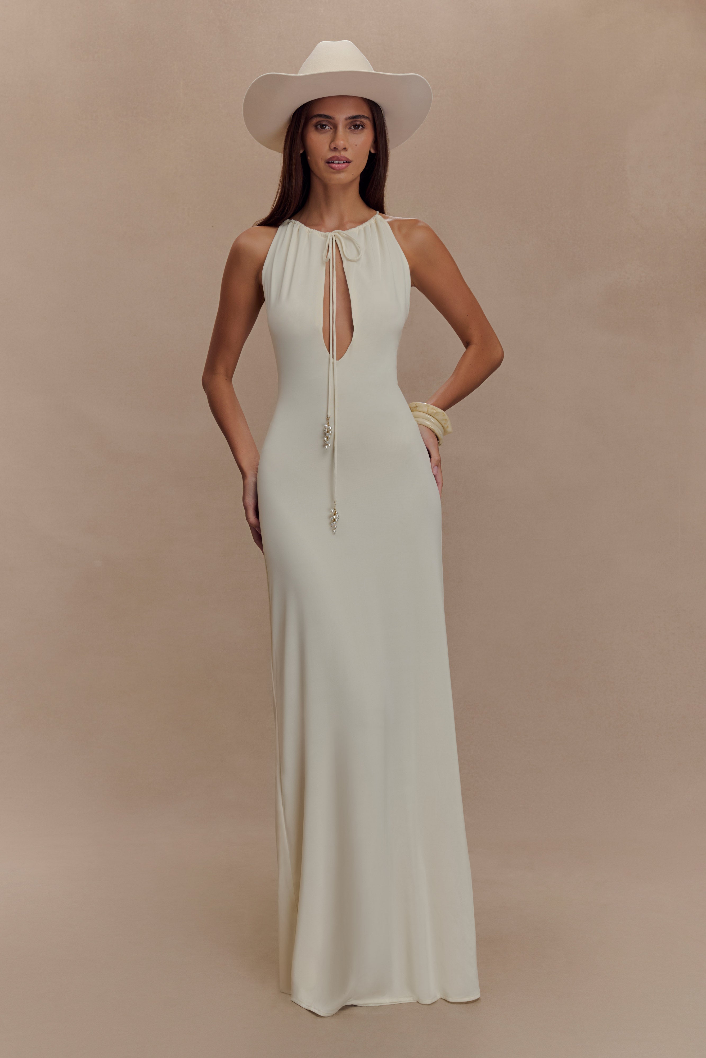 Beryl Slinky Maxi Dress With Pearls - Ivory、mySite、solidvoid
