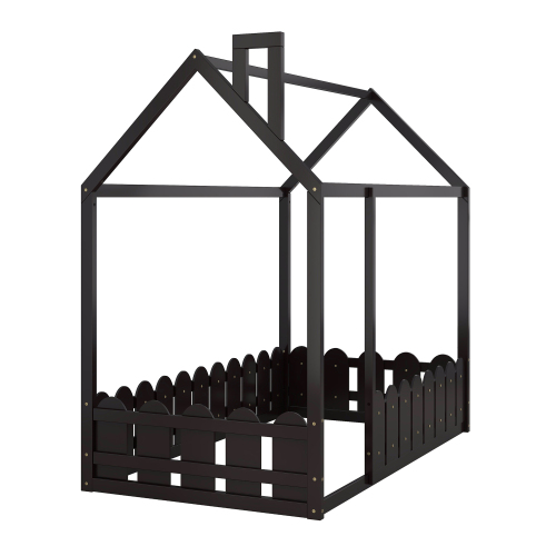 {Slats are not included}Twin Size Wood Bed House Bed Frame with Fence,for Kids,Teens, Girls,Boys {White}{OLD SKU:WF194274AAK}、、casual