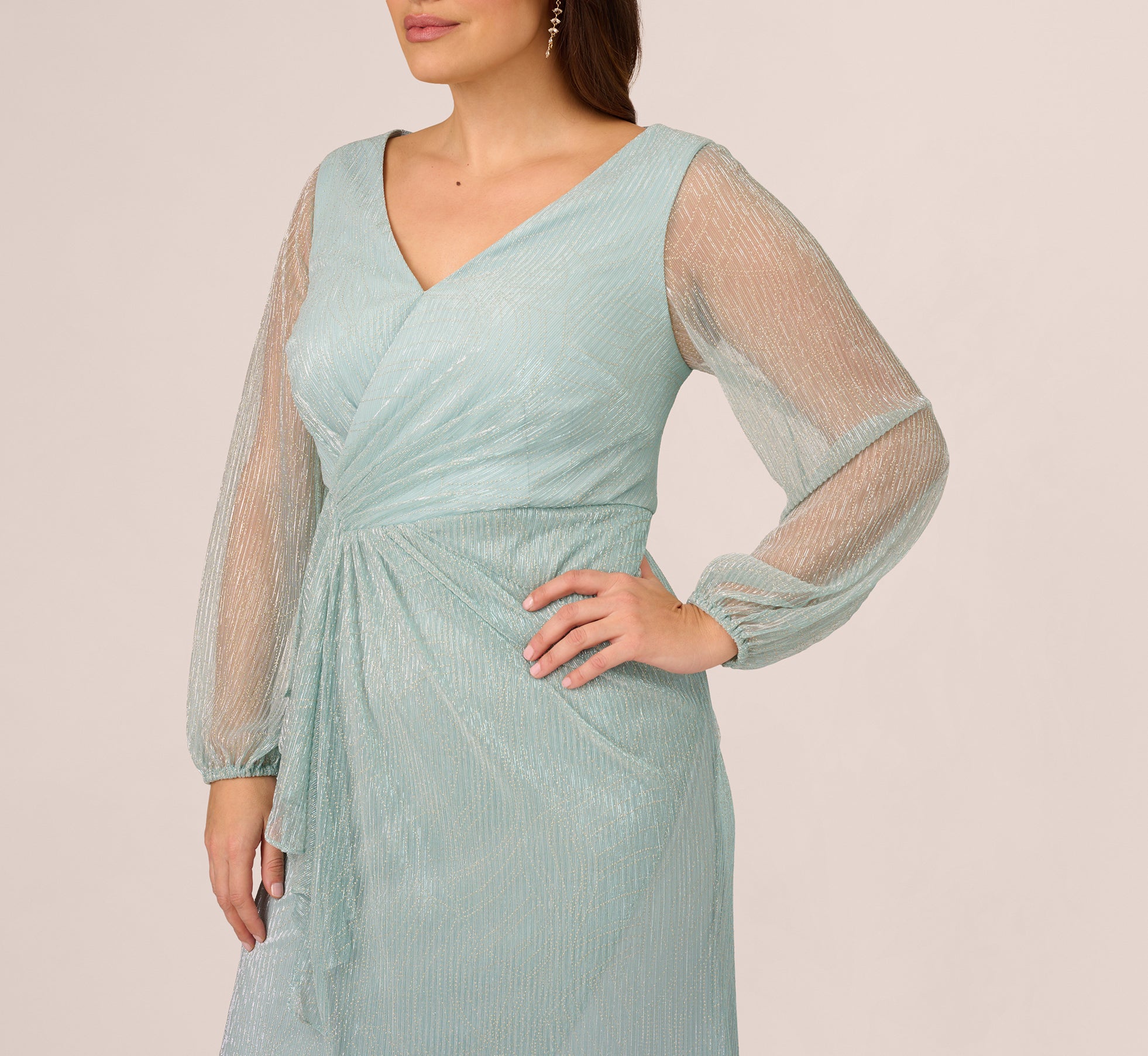 Plus Size Crinkle Metallic Gown With Sheer Bishop Sleeves And Draped Details In Mint Smoke、mySite、solidvoid