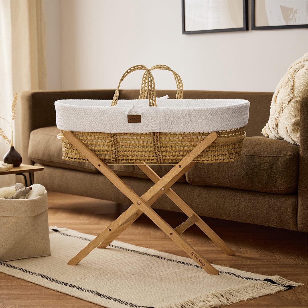  The Little Green Sheep Organic Wheat Knit Moses Basket + Mattress - White、mySite、merchandisen