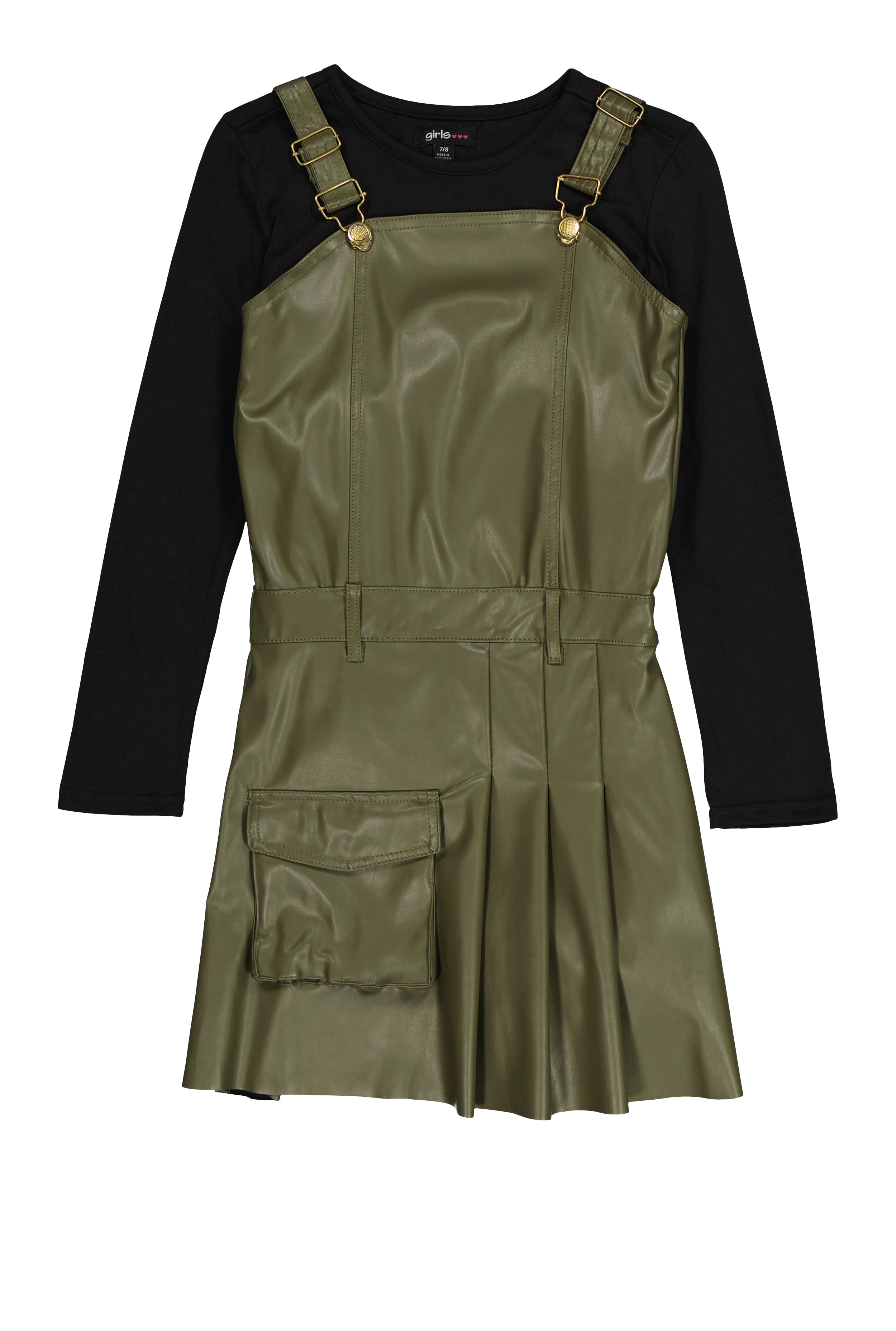 Girls Faux Leather Pleated Overall Dress with Top、mySite、camillekostekn