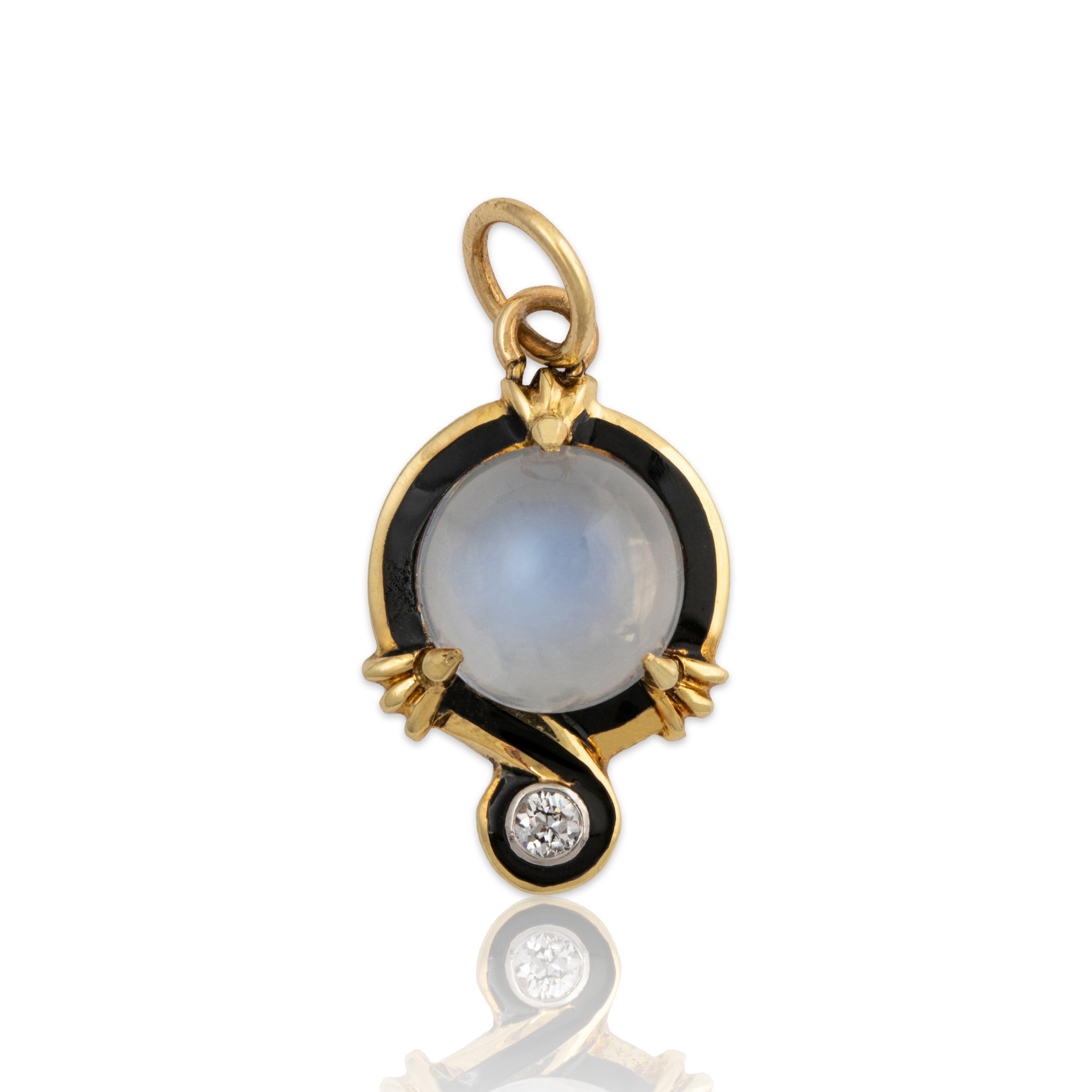 Antique 14k Yellow Gold 1.79ct Blue Sheen Moonstone Diamond Enamel Charm Pendant、mySite、hinf8tx79