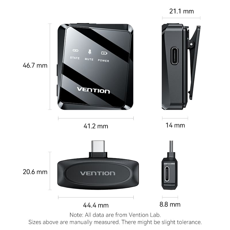 Vention USB-C 2-Pack Wireless Lavalier Microphone Black Type、mySite、fannypackpong