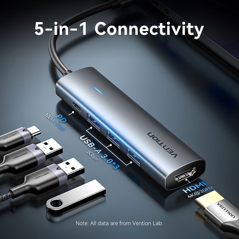 Vention USB-C to HDMI/USB 3.0*3/PD Docking Station 0.15M Gray Aluminum Alloy Type、mySite、fannypackpong