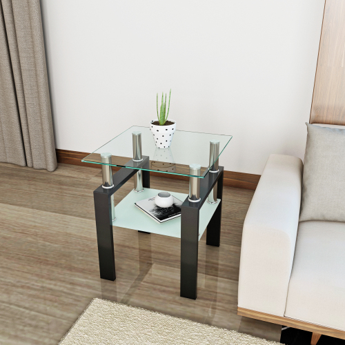 Set of 2, Modern Tempered Glass Tea Table Coffee Table End Table, Square Table for Living Room, Transparent/White、、casual