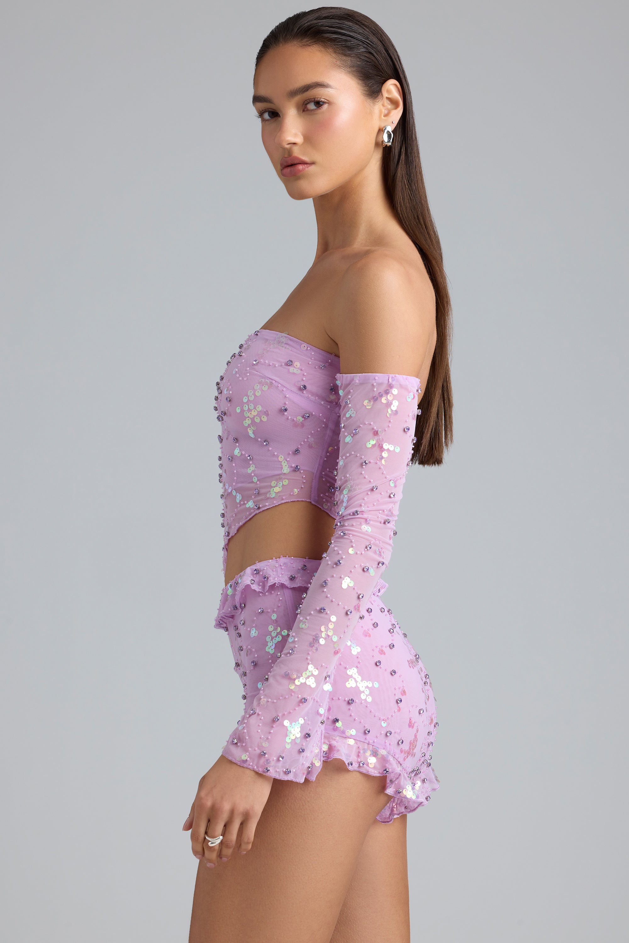 Ruffle Mid-Rise Hot Pant Shorts in Violet Pink、mySite、solidvoid