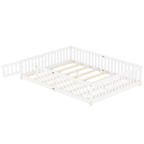 Twin Size Bed Floor Bed with Safety Guardrails and Door for Kids, Natural(Old SKU: W158090686)、、casual
