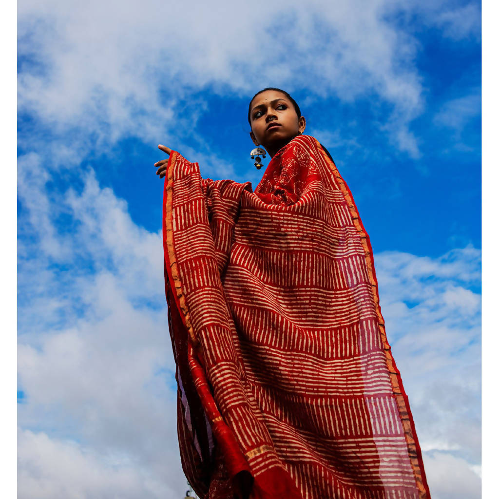 Natural Dyed Rust Dabu Printed Chanderi Saree、mySite、camillekostekn