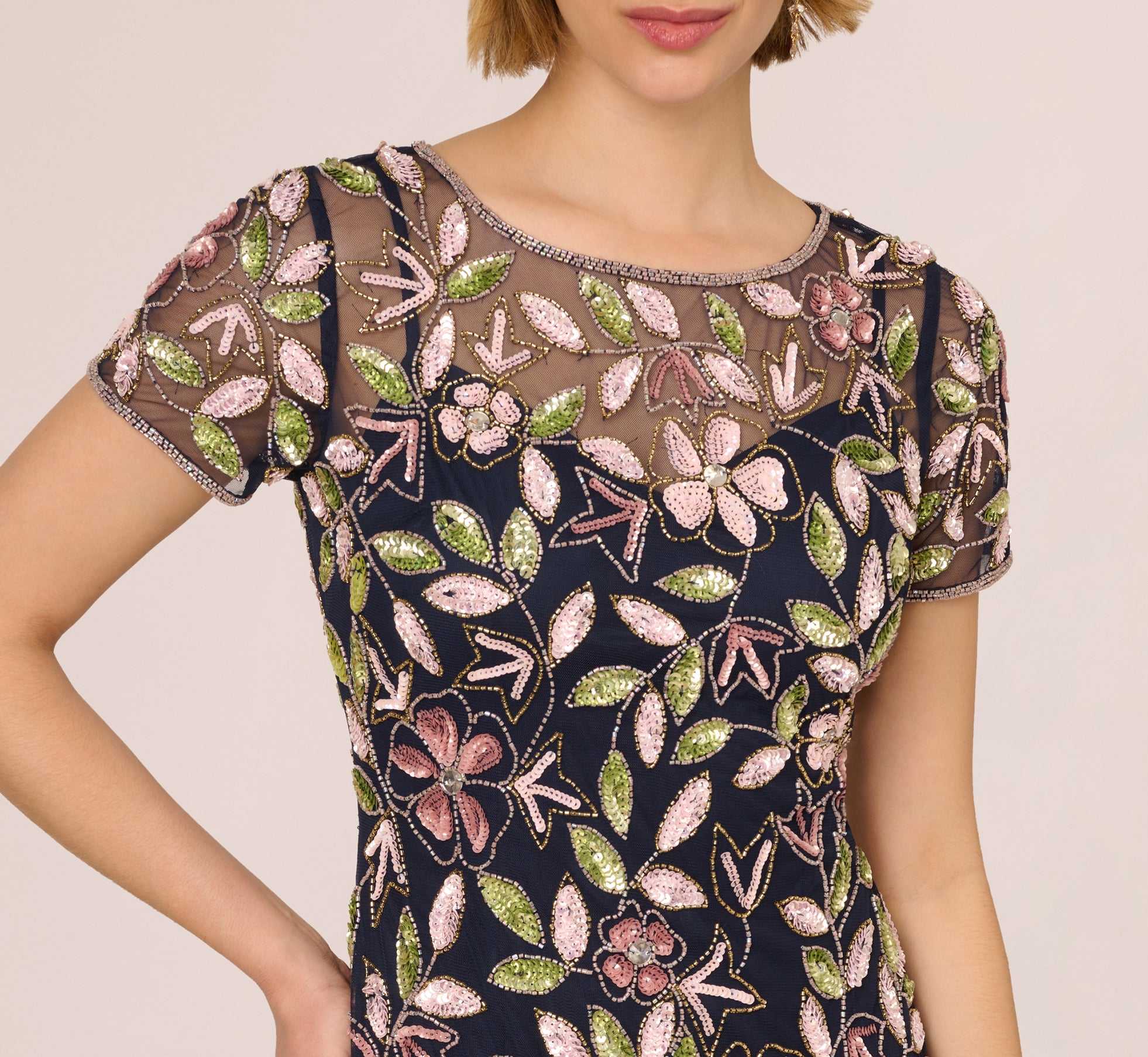 Short Sleeve Vine Beaded Godet Gown In Navy Multi、mySite、solidvoid