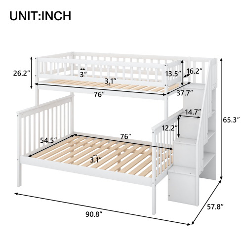 Twin over Full Stairway Bunk Bed with Storage, Gray、、casual