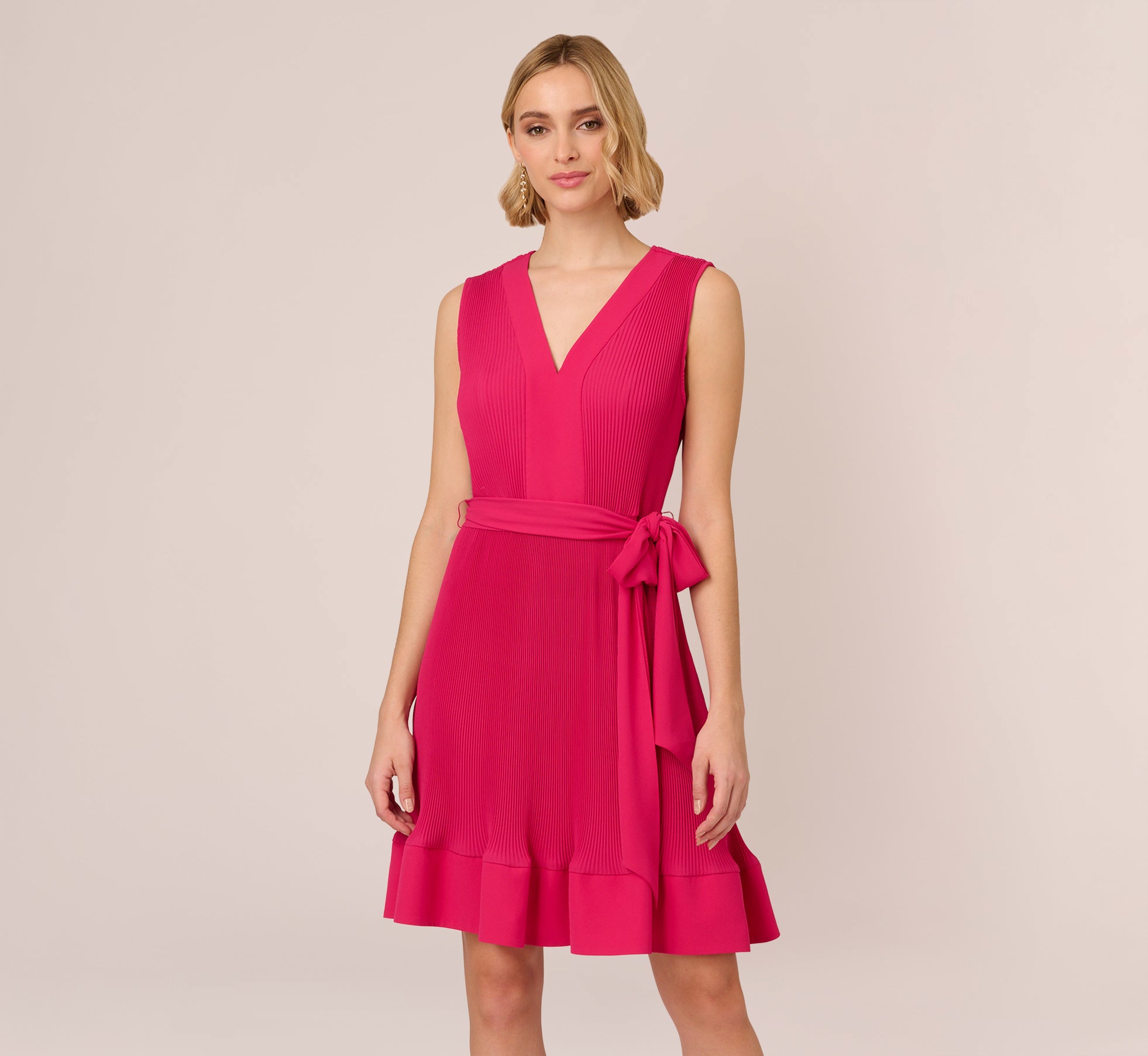 Sleeveless Pleated Dress With Self Tie Waist In Hot Pink、mySite、solidvoid