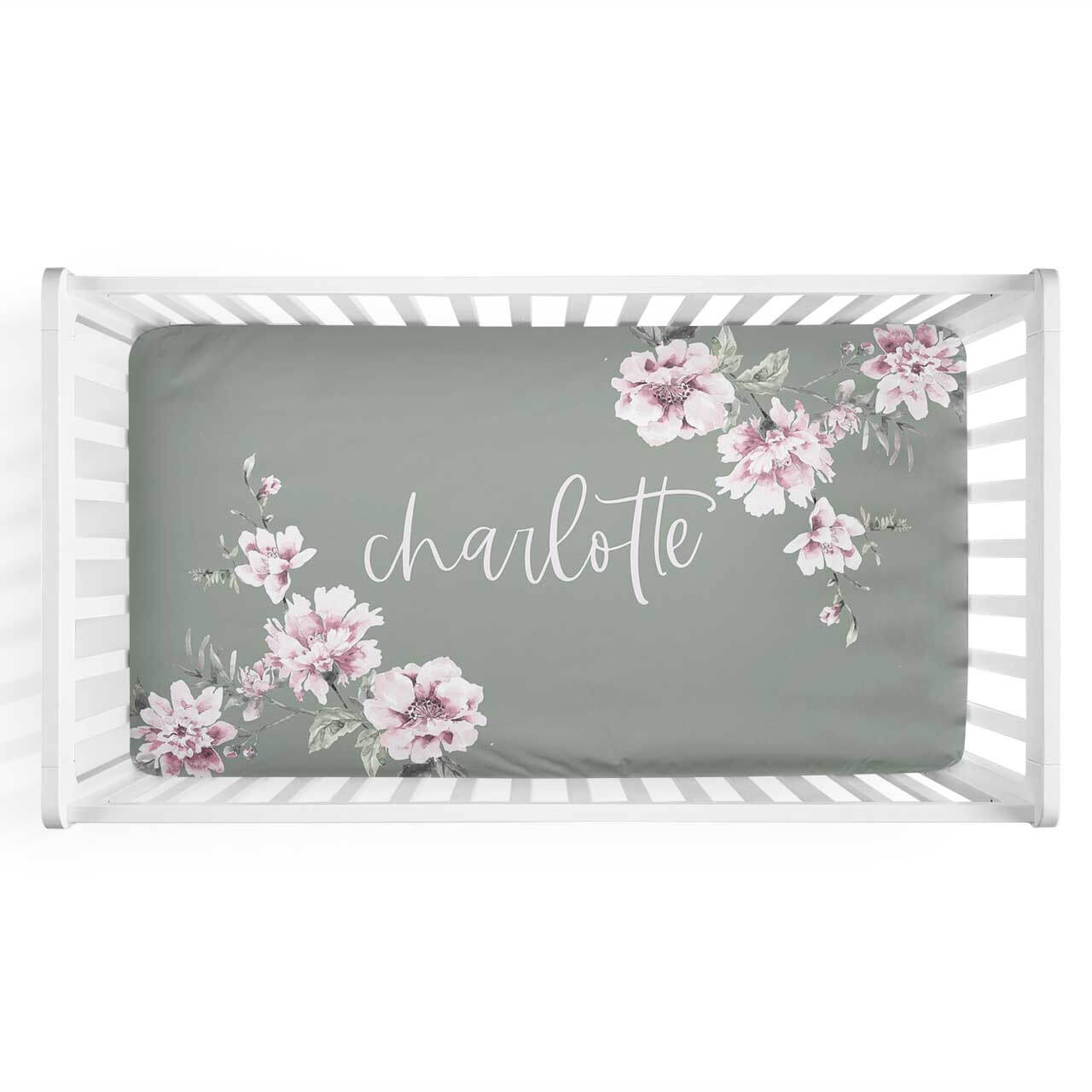  Saylor's Sage & Blush Floral Personalized Crib Sheet、mySite、layawaytickets