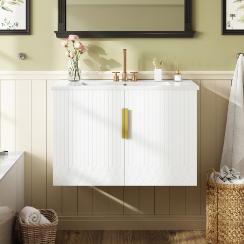 30" Vintage Bathroom Vanity with Ceramic Sink, with 3 Holes Single Ceramic Sink, Bathroom Storage Vanity Cabinet with 2 Soft Closing Doors、、xpatfood