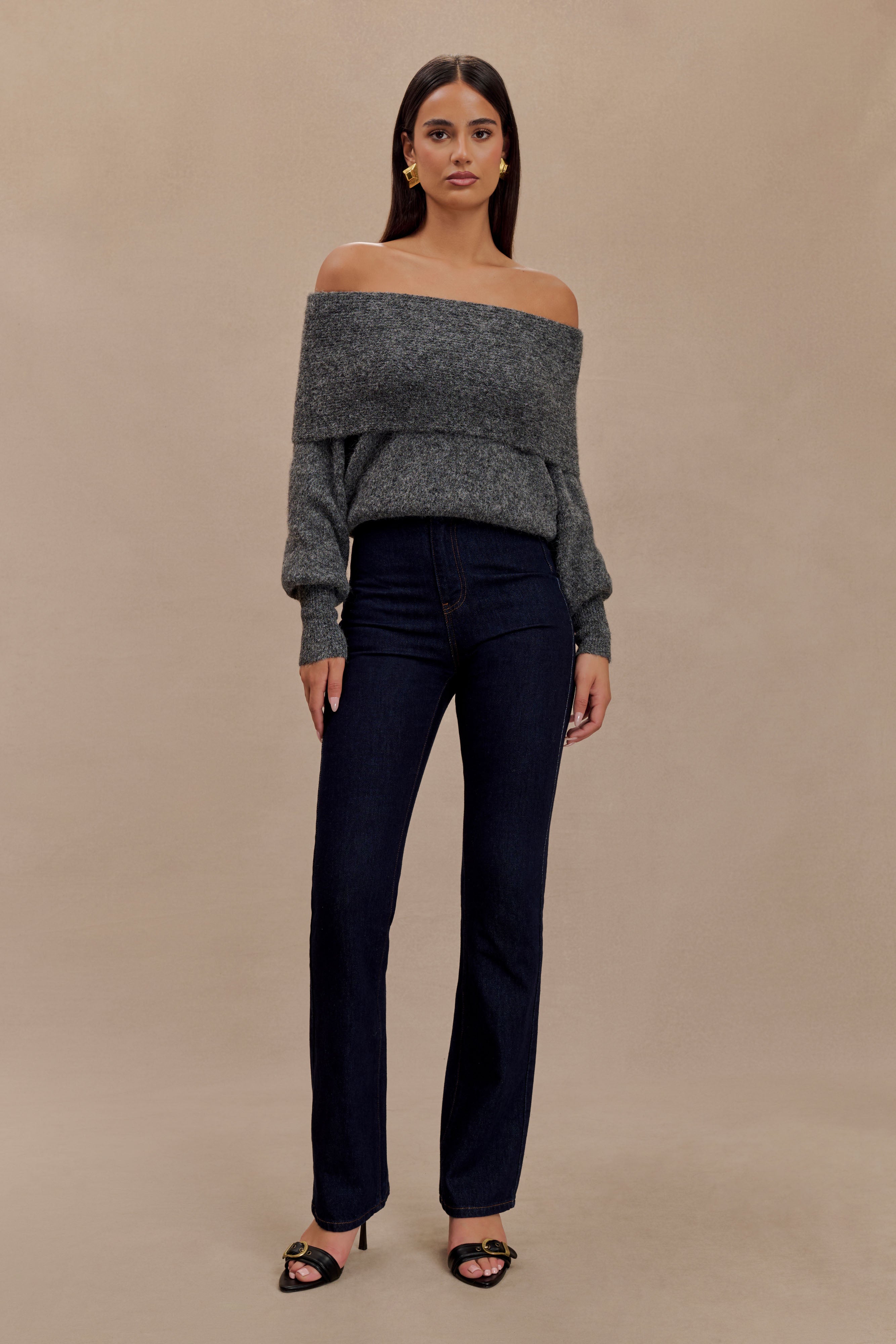 Charlotte Off Shoulder Knit Long Sleeve Top - Charcoal Marle、mySite、solidvoid