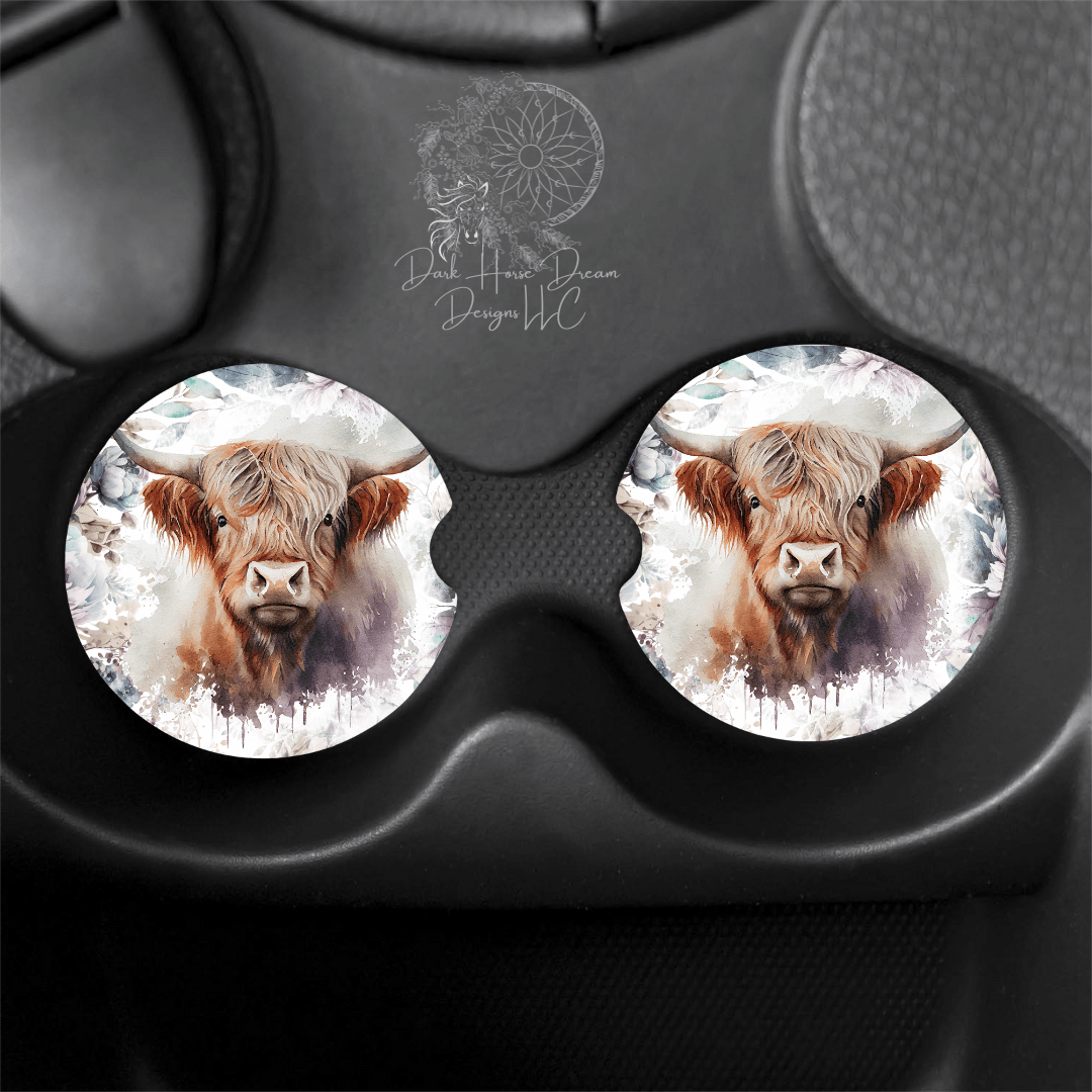 Highland Cow Car Coasters Watercolor Floral Cermaic、mySite、g9winljtr