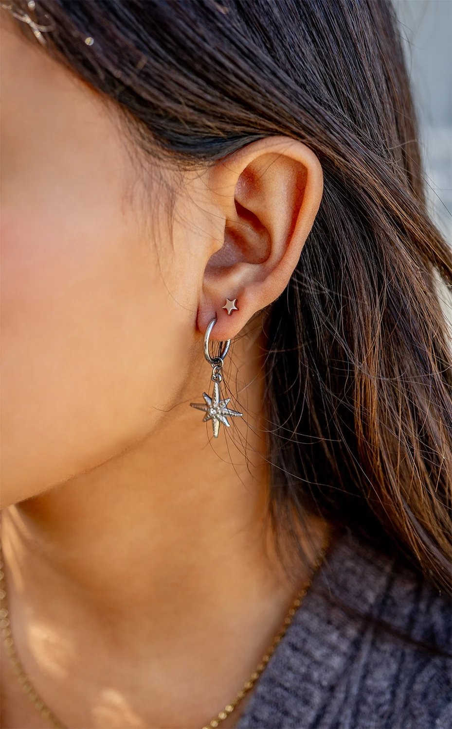 18K Gold PVD Huggie with Compass Charm with CZ Stone Earrings / ERJ0051、mySite、dreamappss