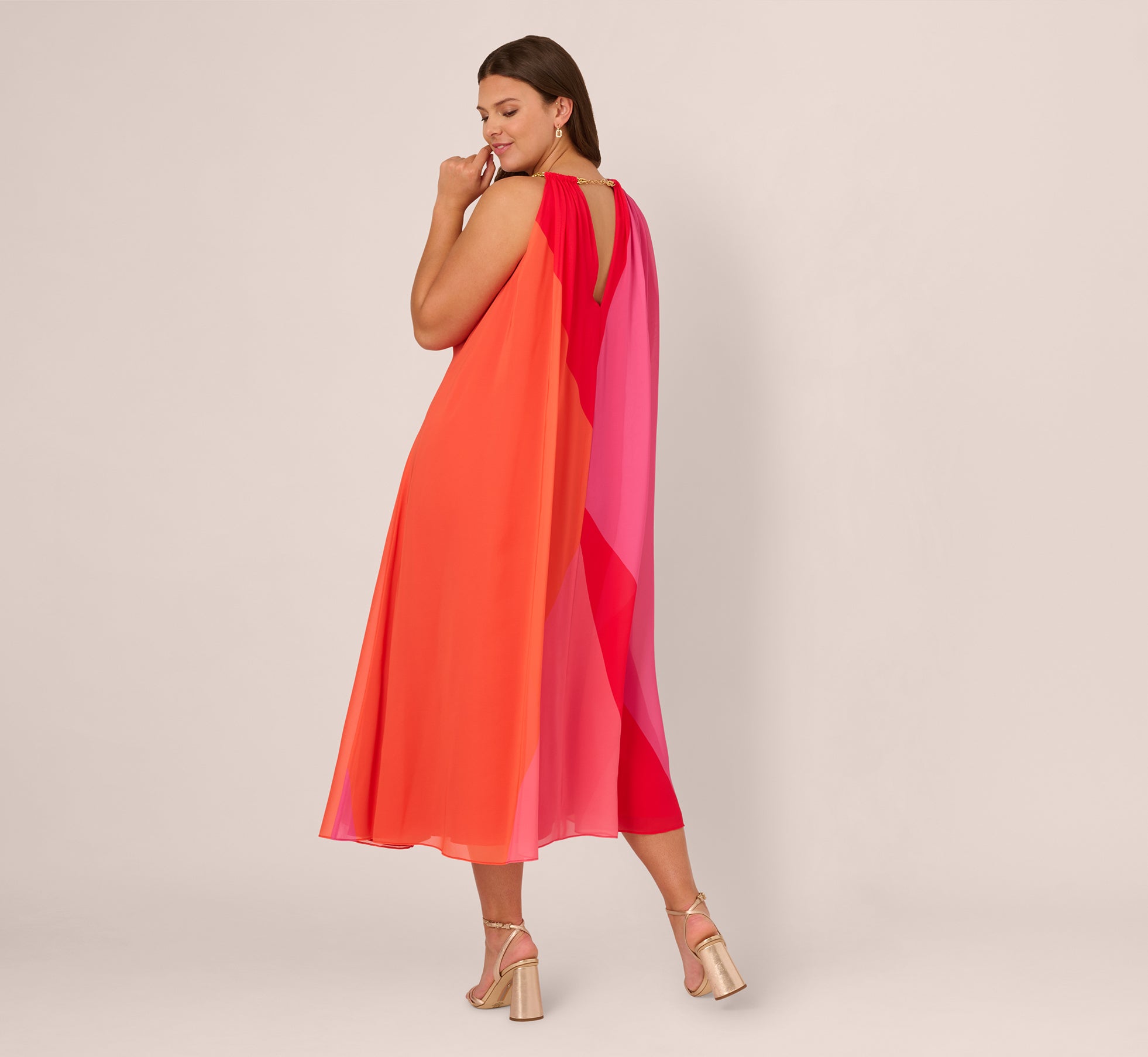 Plus Size Color Block Chiffon Trapeze Dress With Chain Halter Neckline In Red Multi、mySite、solidvoid