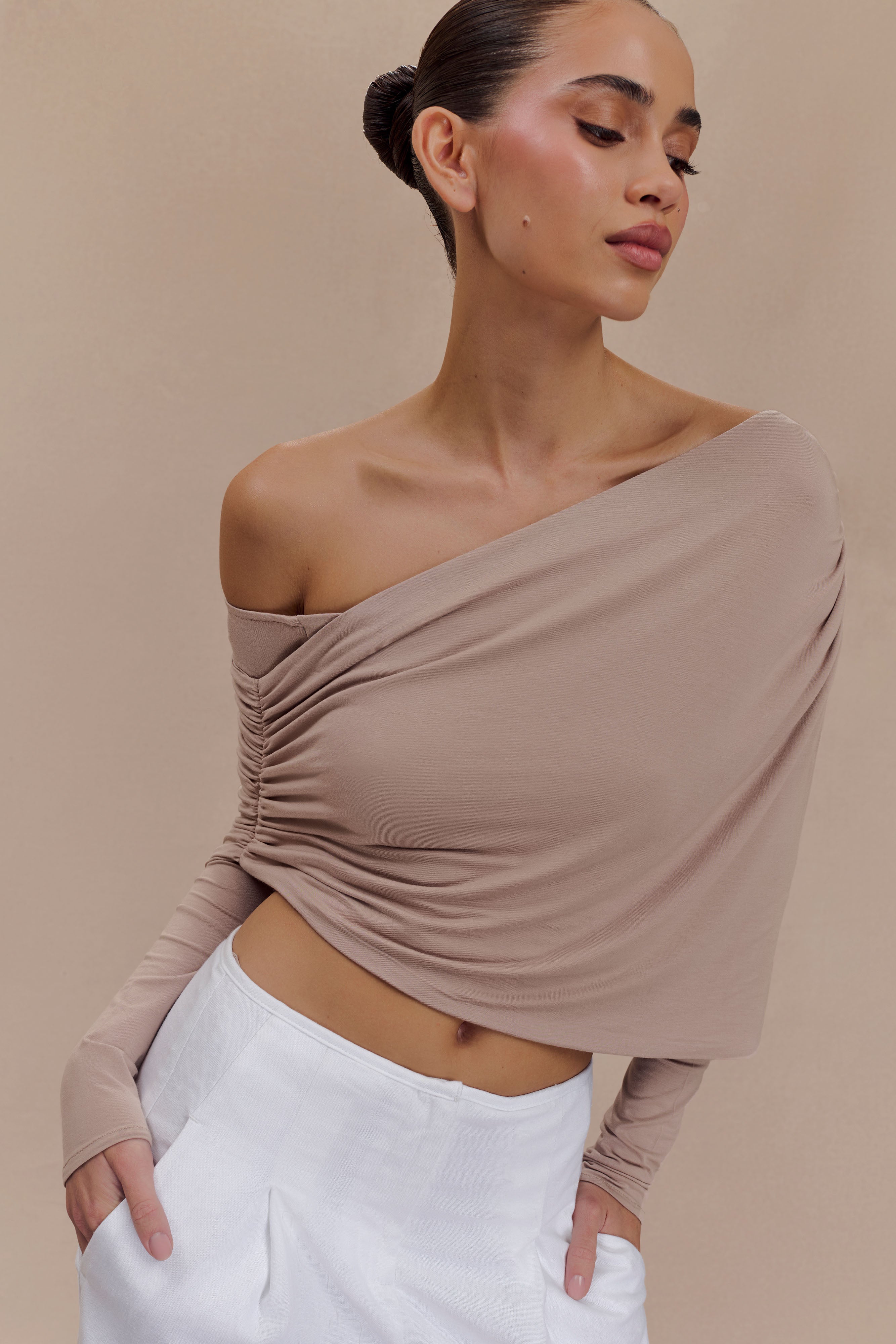 Corinna Modal One Shoulder Top - Mushroom、mySite、solidvoid