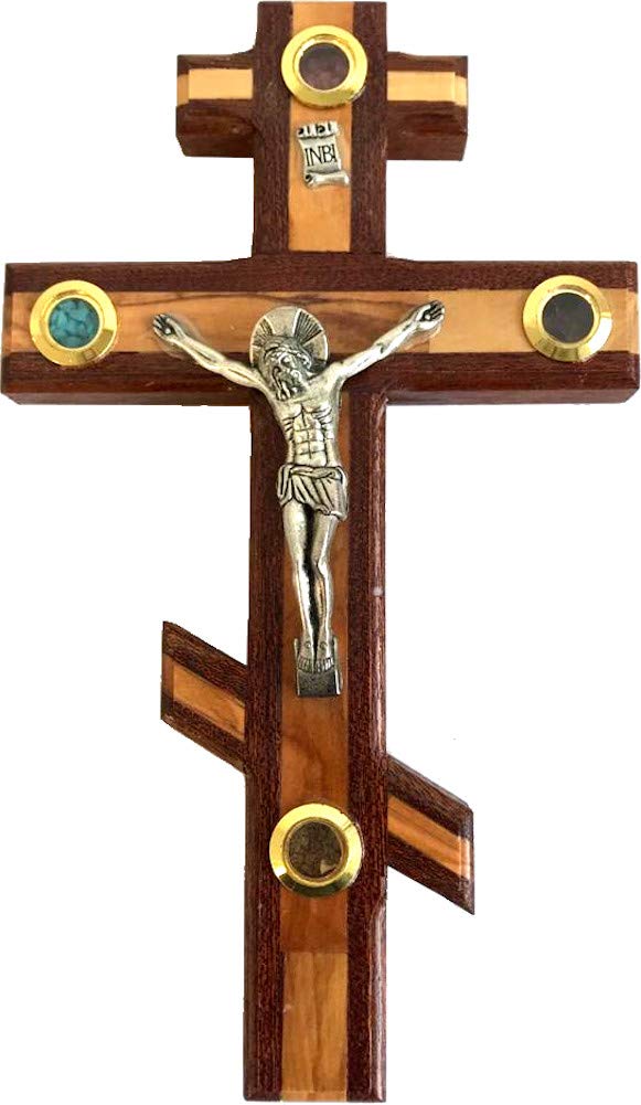  Holy Land Market Patriarchal Three bar Crucifix with Holy Land Samples. Made from Mahogany and Embedded with Olive Wood (20cm or 8 inch)、mySite、elrpsem3k