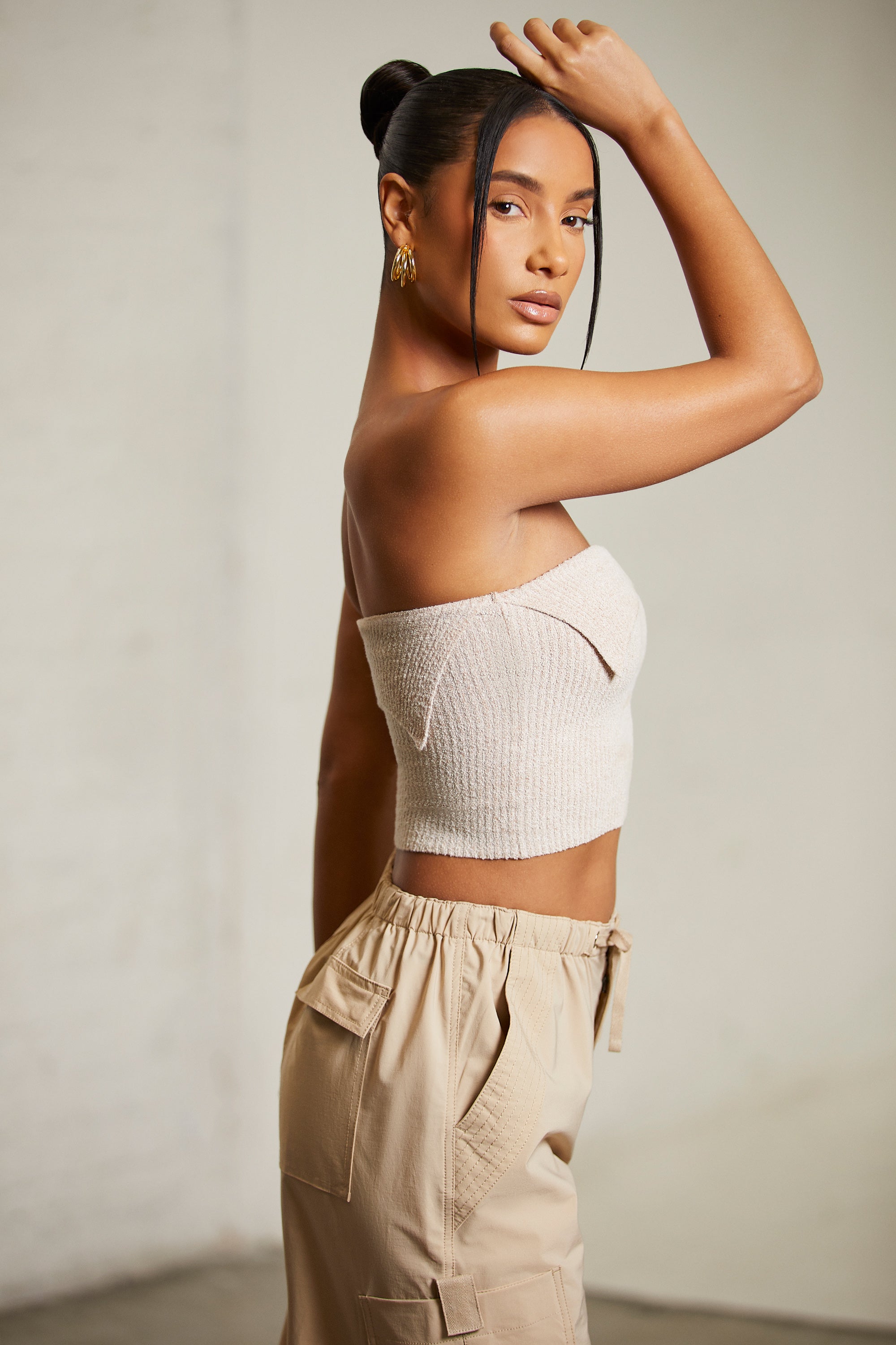 Overlap Bandeau Crop Top in Beige、mySite、solidvoid