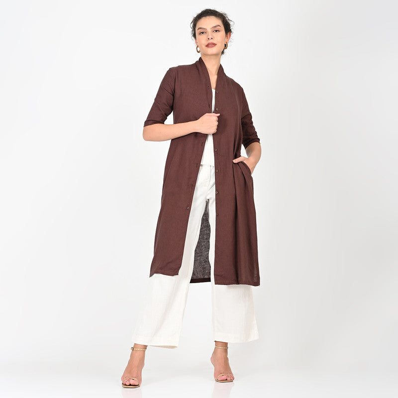 Cotton Solid Co Ord Set For Women | Overlay, Top & Trouser | Draped Collar | Coffee Brown & Cream、mySite、camillekostekn