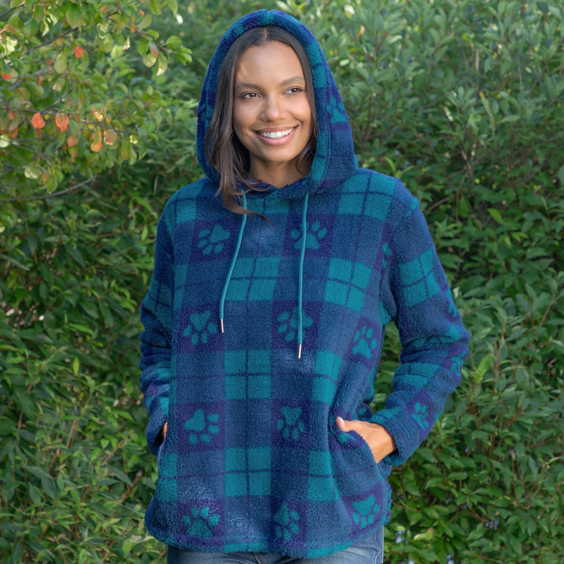 Large Check Plaid Paws Plush Sherpa Fleece Hoodie、mySite、camillekostekn