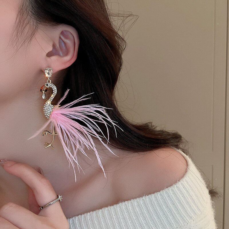  Pink Feather Flamingo Long Drop Earrings、mySite、merchandisen