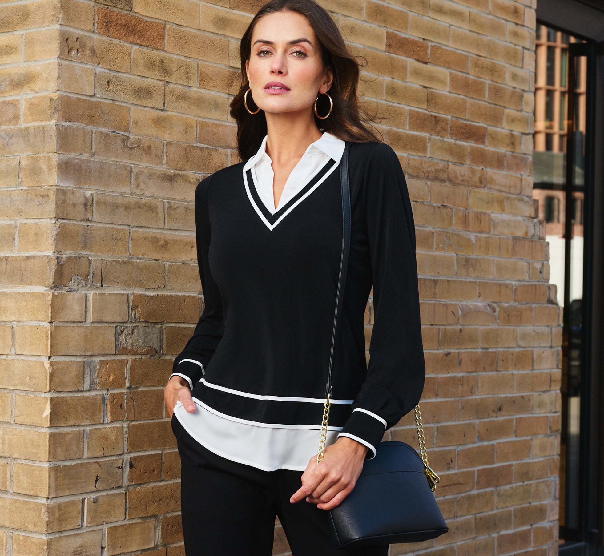 Long Sleeve Contrast Tipped Collared Twofer Sweater In Black Ivory W Ivory、mySite、solidvoid