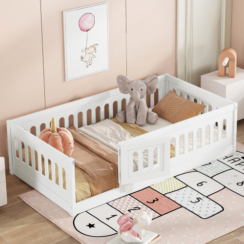 Twin Size Floor Bed with Heightened Safety Guardrails and Door, Solid Wood Bedframe with Rails for Girls, Boys, Teens, Child Bedroom, Kids Playroom, No Slats Included, White、、casual