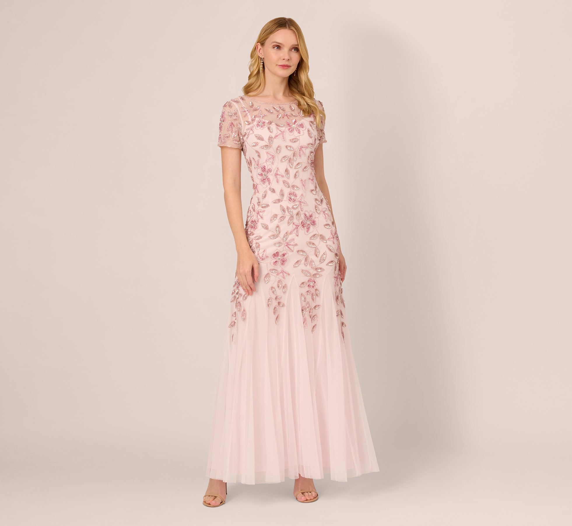 Hand Beaded Short Sleeve Floral Godet Gown In Blush Pink、mySite、solidvoid