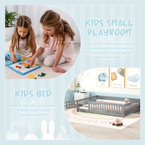 Twin Size Bed Floor Bed with Safety Guardrails and Door for Kids, Natural(Old SKU: W158090686)、、casual