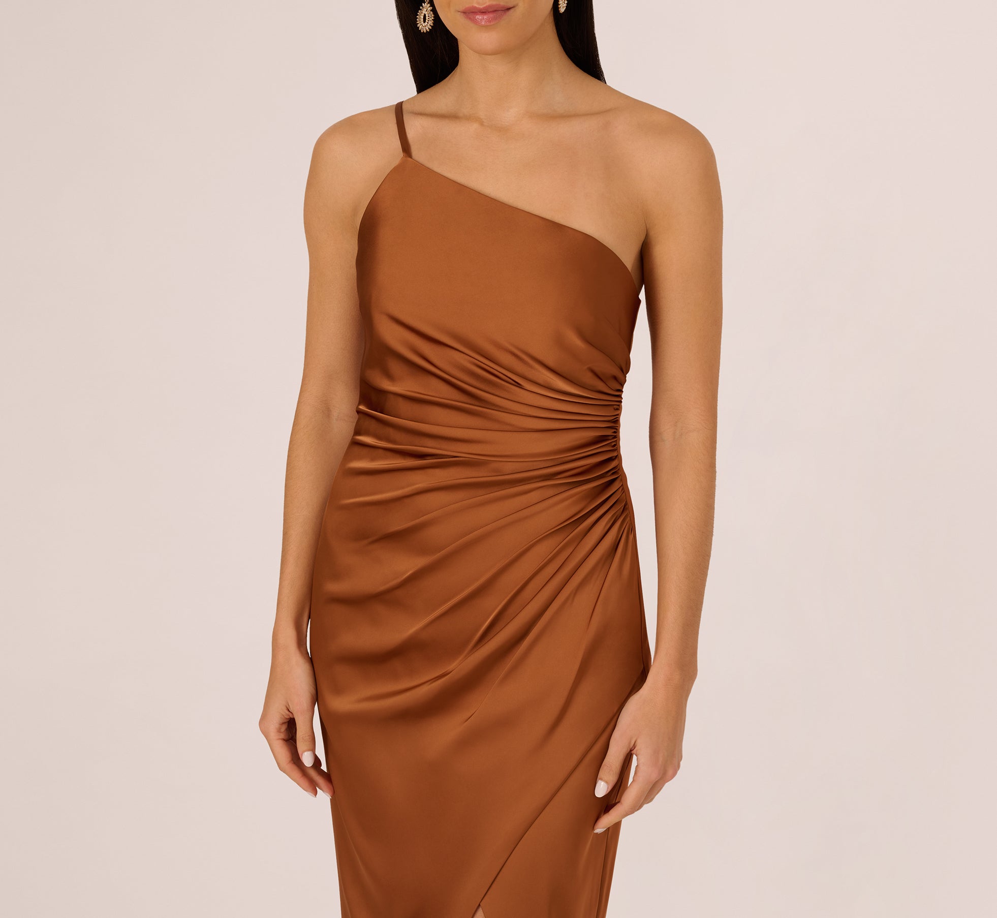 One Shoulder Ruched Satin Gown In Cinnamon、mySite、solidvoid